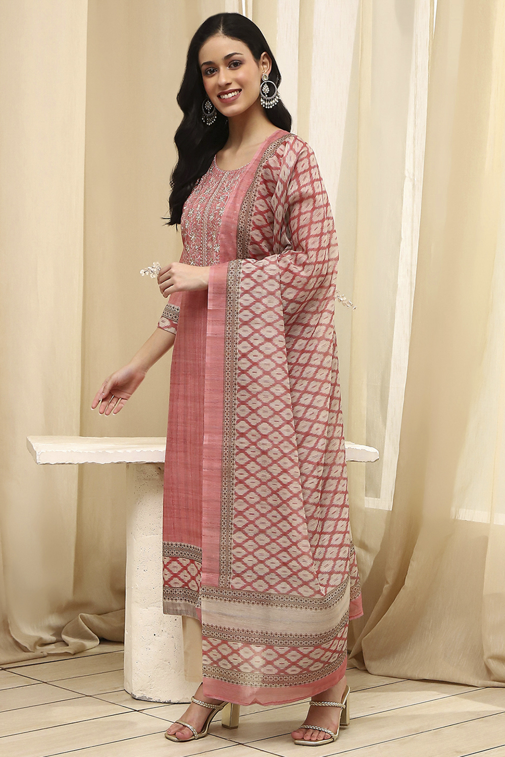 Pink Cotton Machine-Embroidered Unstitched Suit Set image number 4