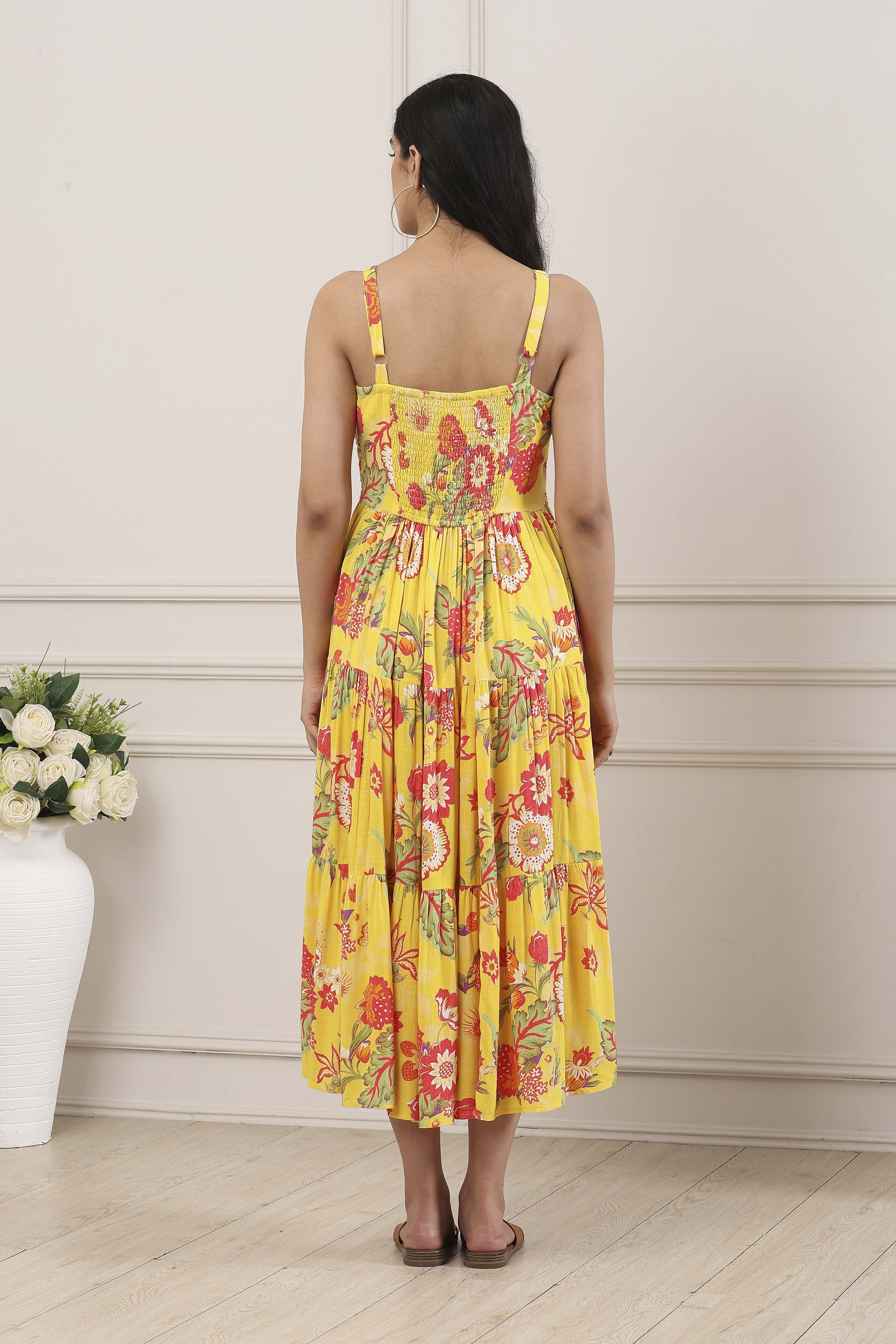 Yellow Viscose Rayon Tiered Dress image number 3