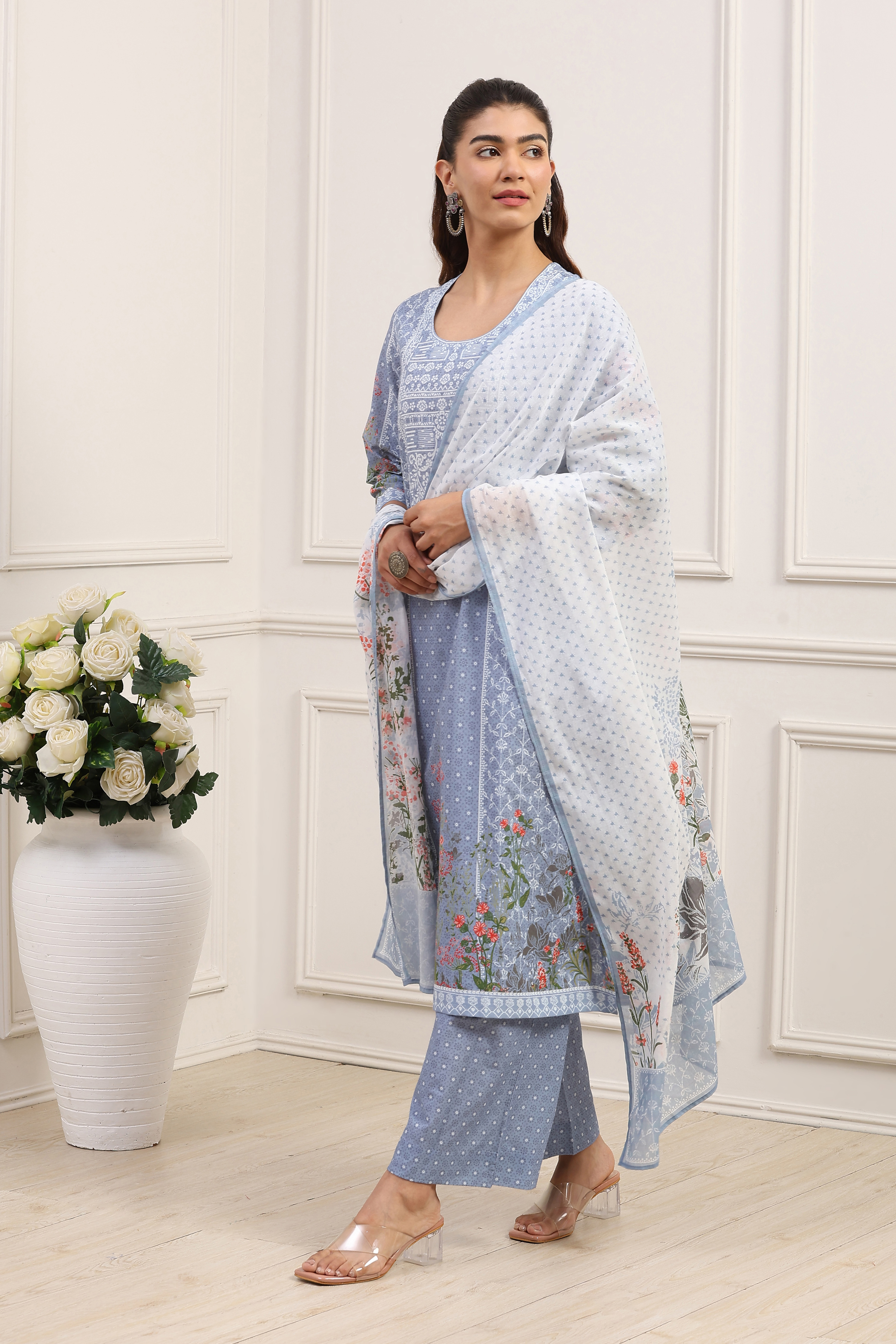 Powder Blue Cotton Straight Kurta Palazzo Suit Set image number 3