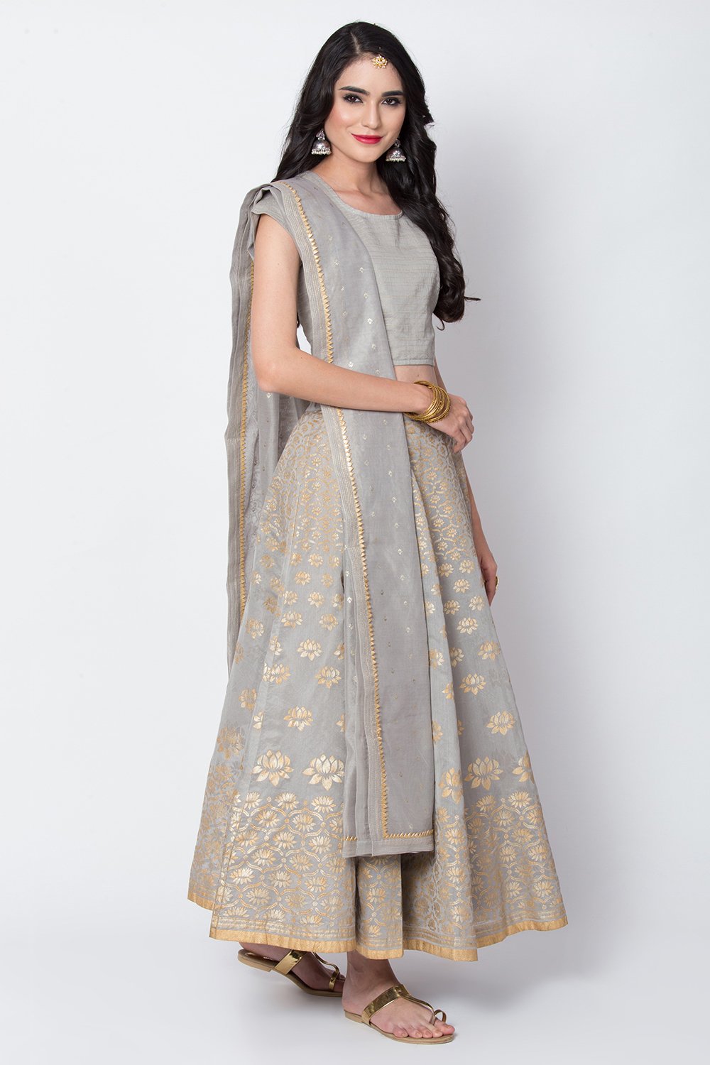 Grey Poly Cotton Lehenga Set image number 3