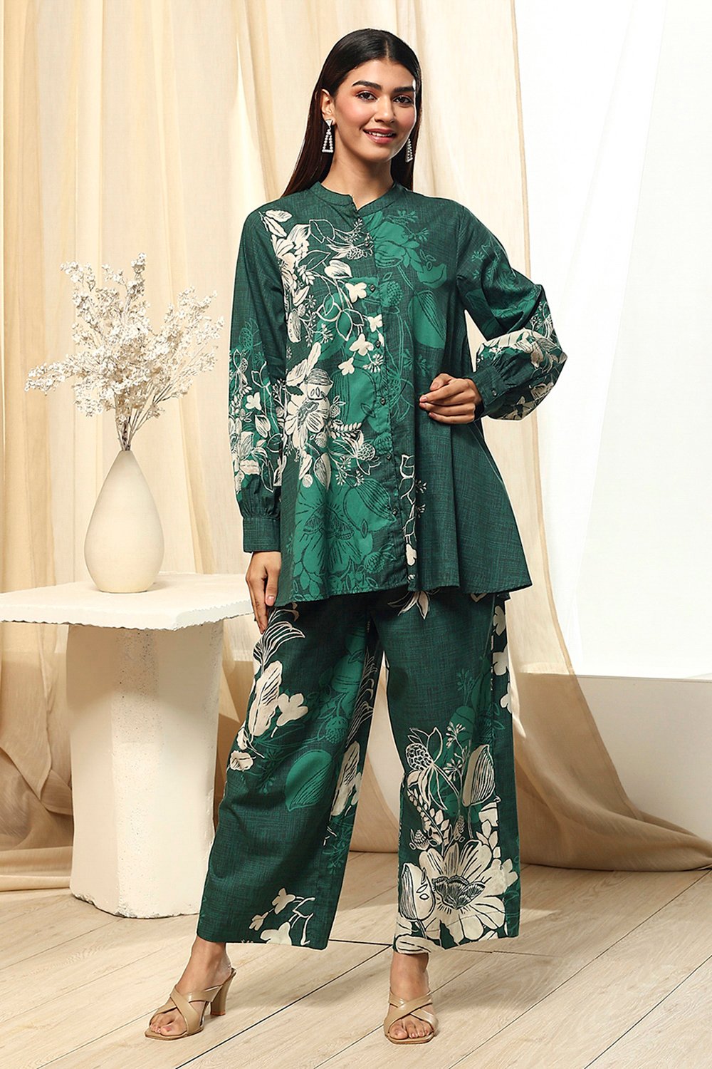 Green Cotton Floral Printed Co-ord Set image number 6