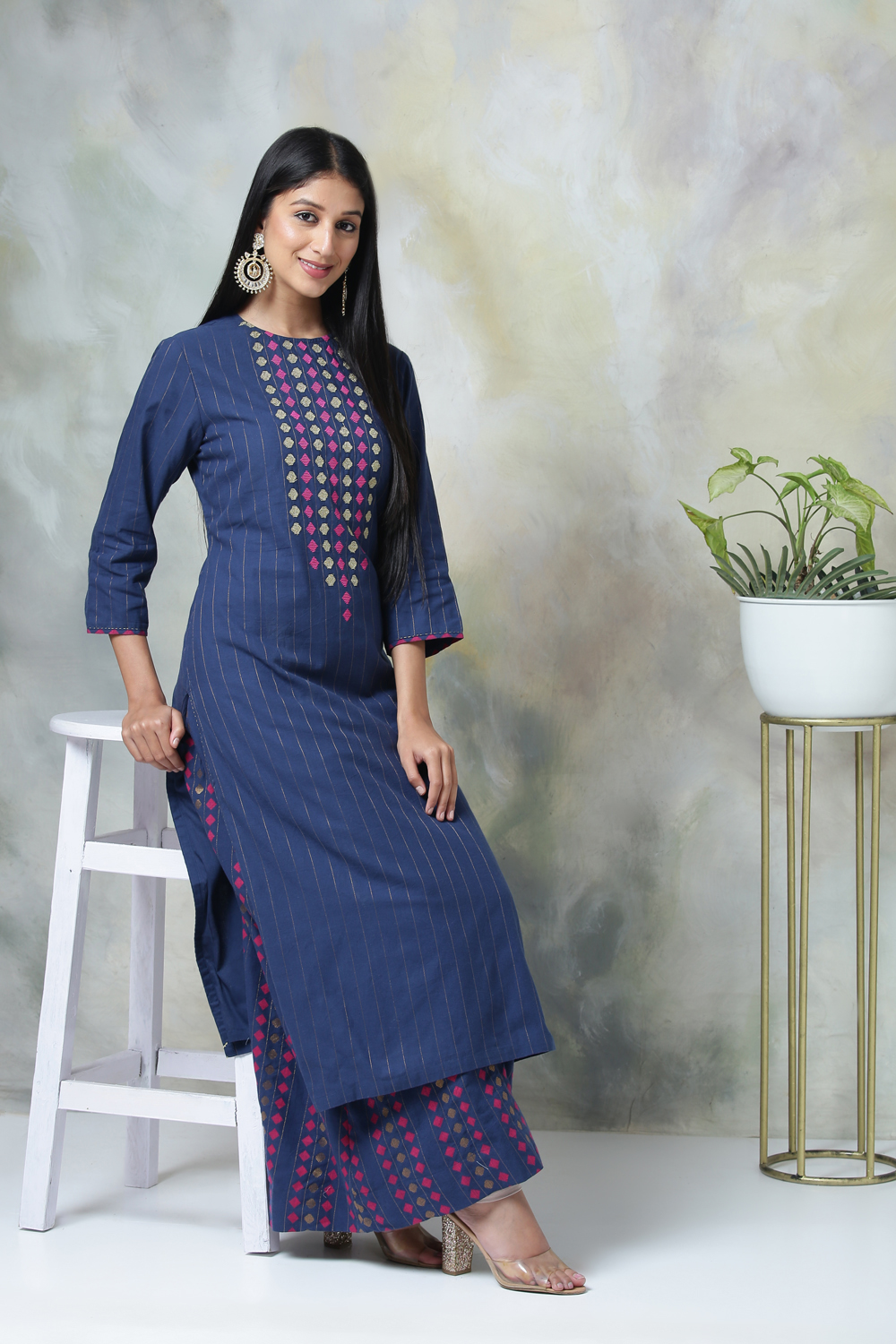 Navy Blue Metallic Cotton Straight Kurta Palazzo Suit Set image number 4