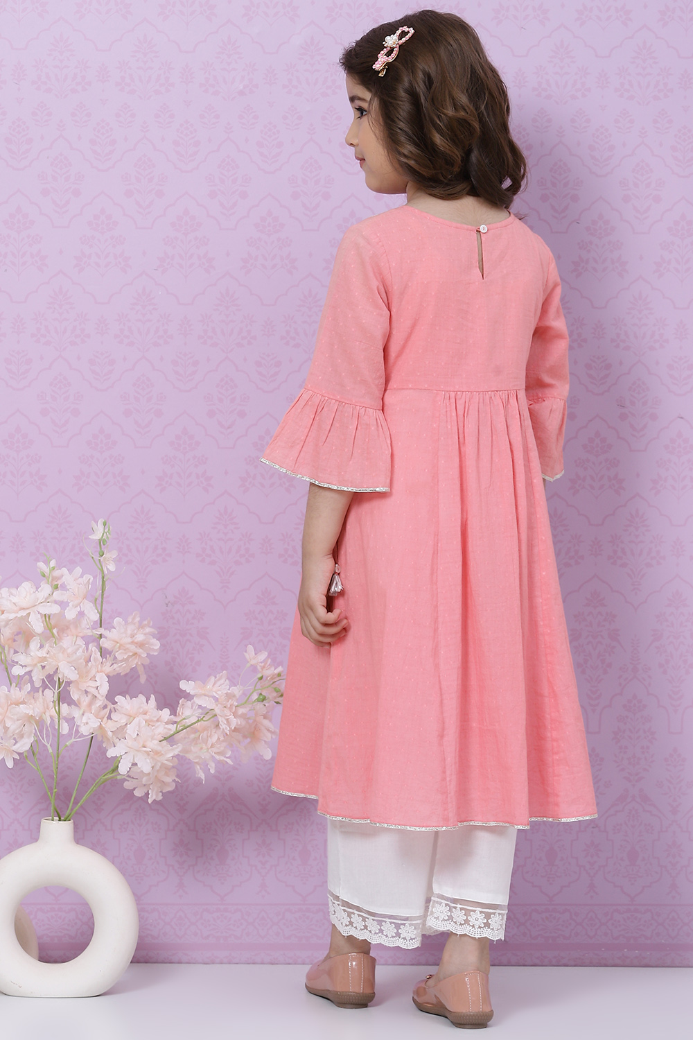 Pink Cotton Flared Embroidered Kurta Set image number 4