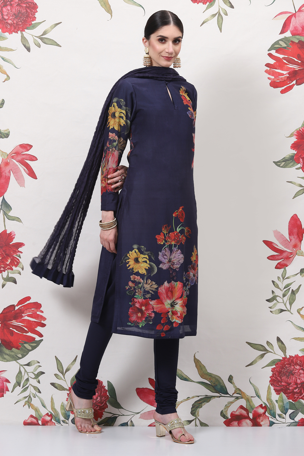 Indigo Cotton Silk Straight Printed Suit Set image number 0