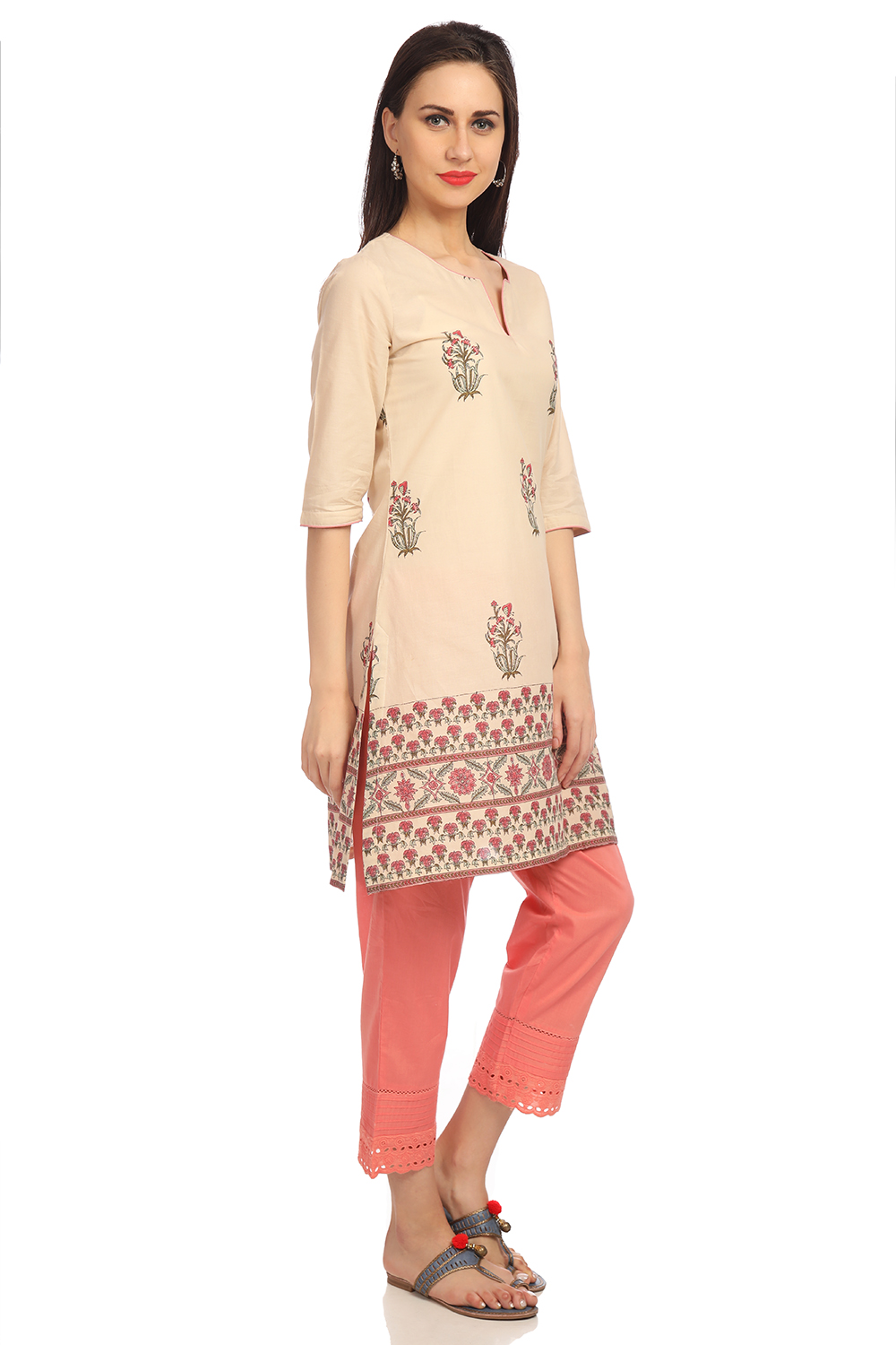 Cream Straight Cotton Printed Kurta image number 3