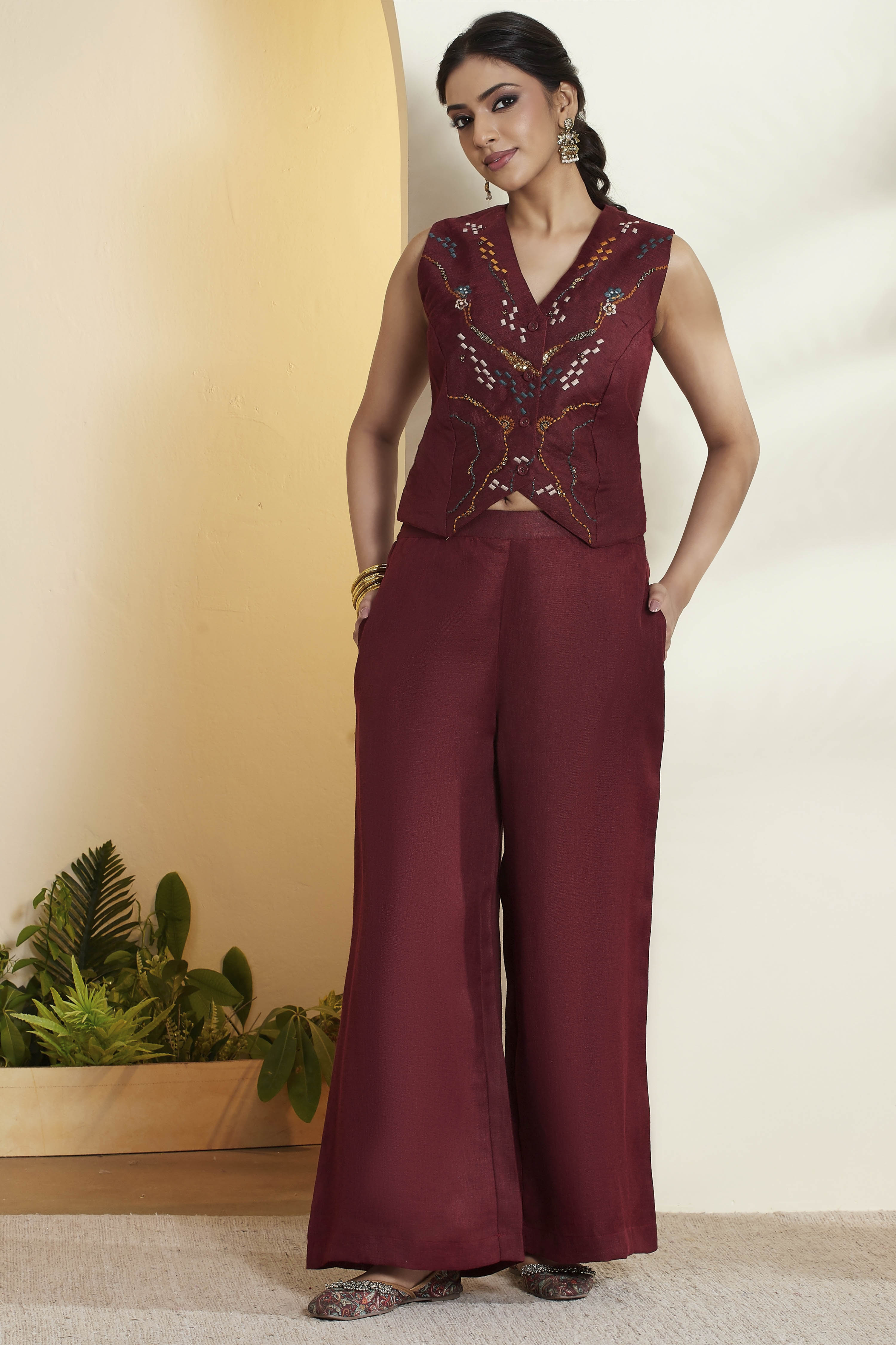 Maroon Embroidered Sleeveless Fusion Set image number 7