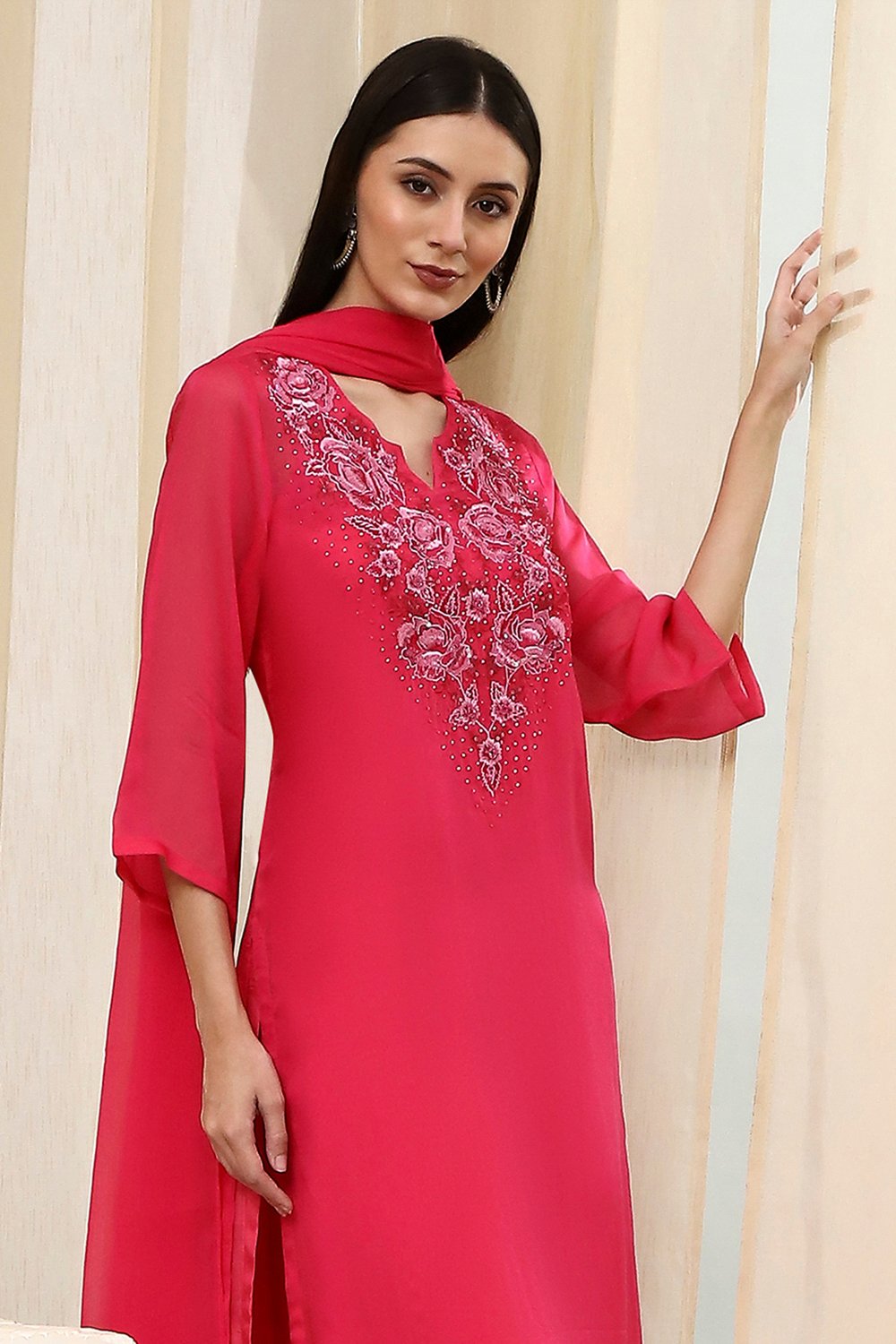 Fuchsia Embroidered Straight Suit Set image number 8