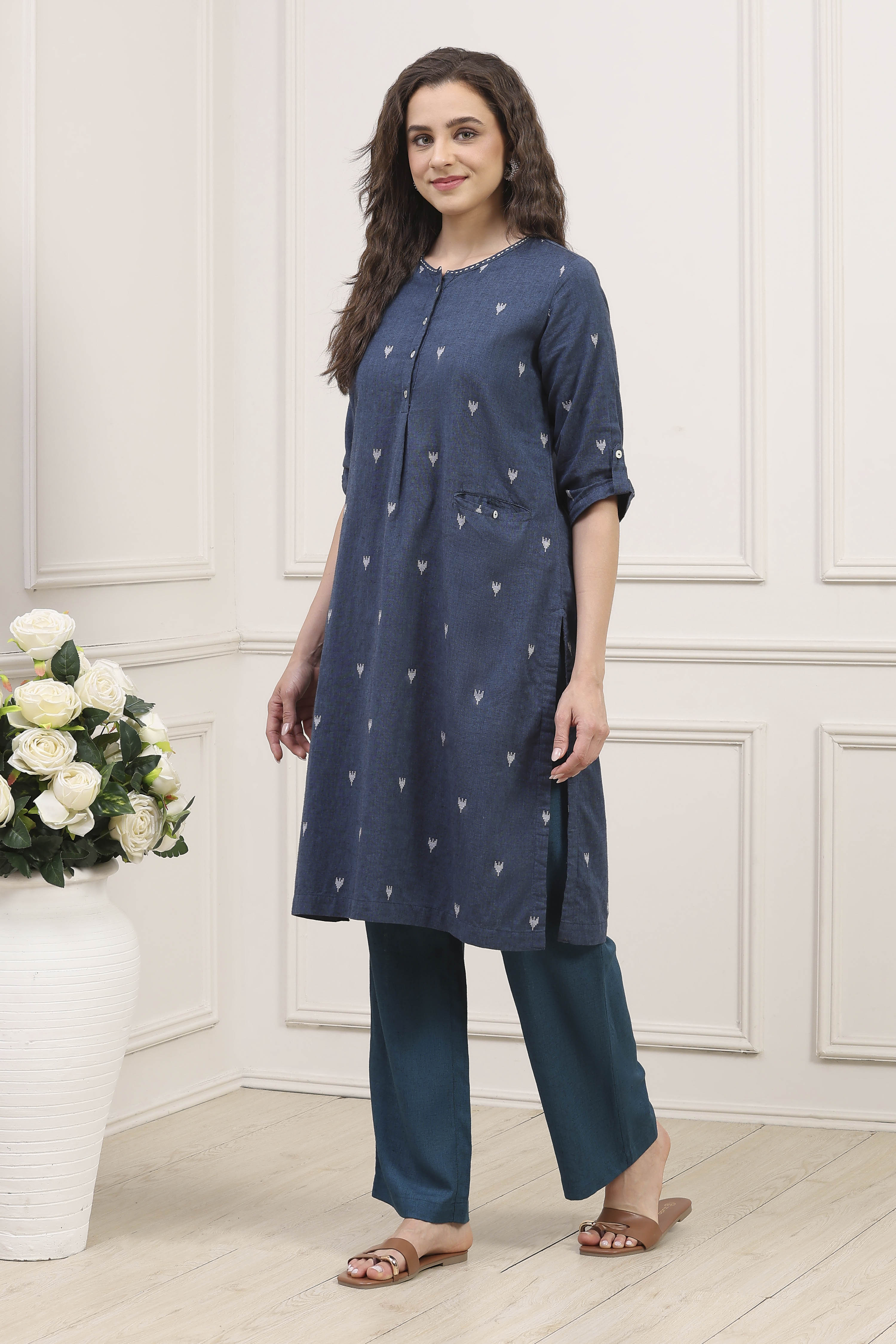 Navy Blue Cotton Yarndyed Straight Suit Set image number 2