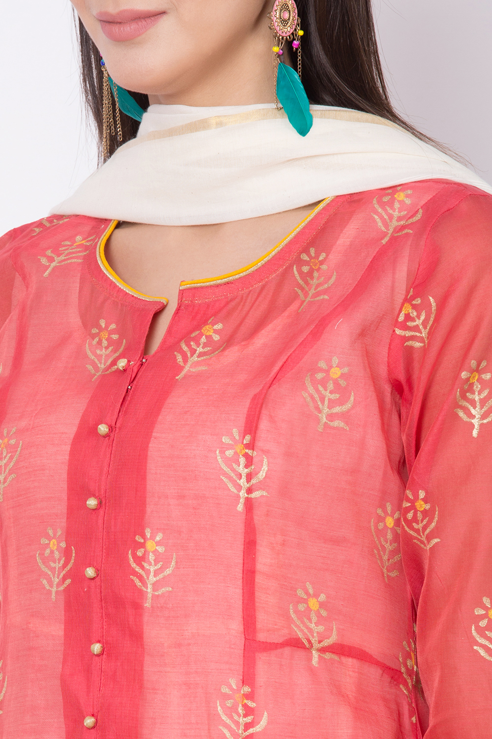 Coral Poly Cotton Front Open Kurta Churidar Suit Set image number 1