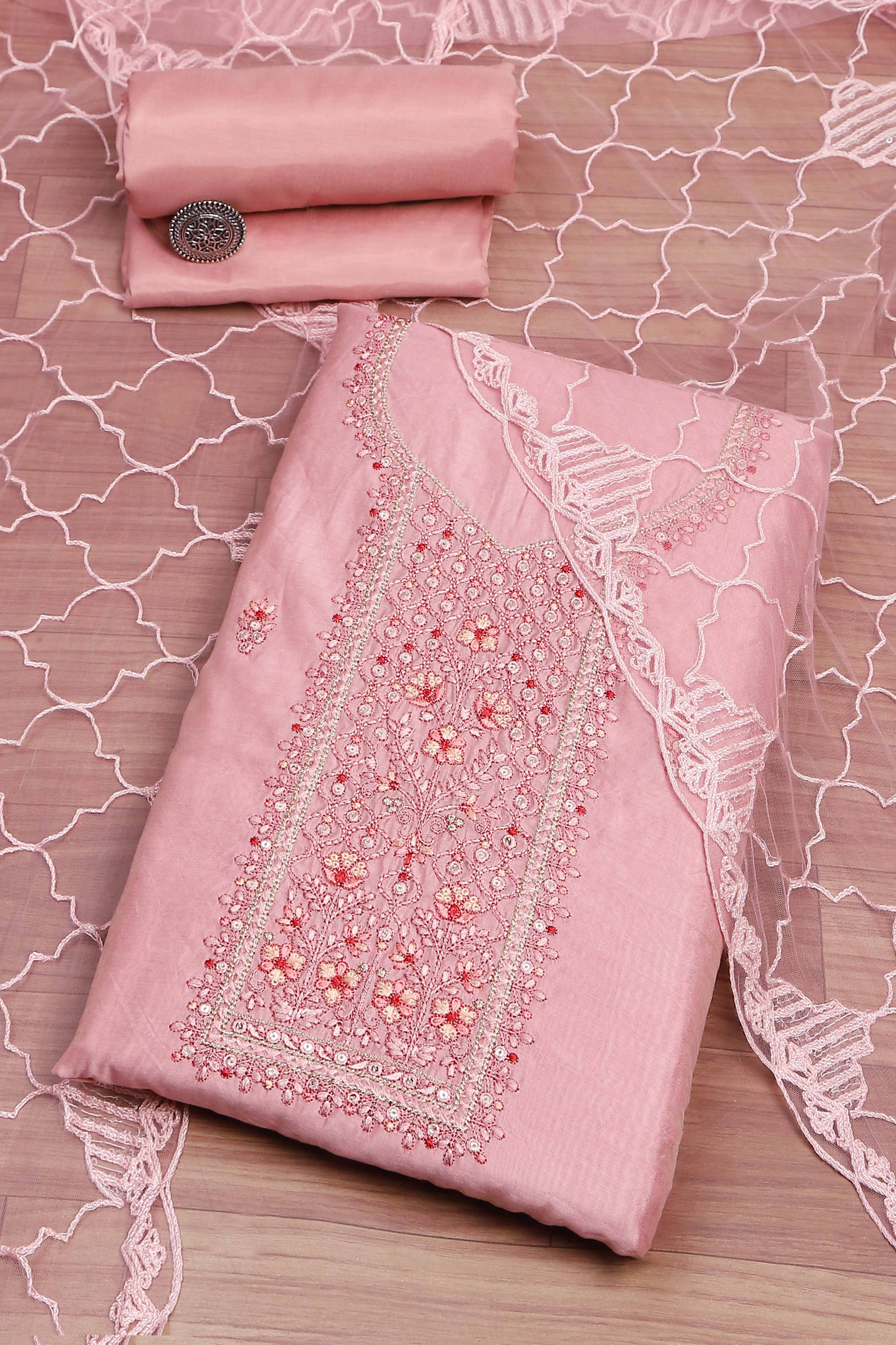 Beige Chanderi  Embroidered Unstitched Suit Set image number 0