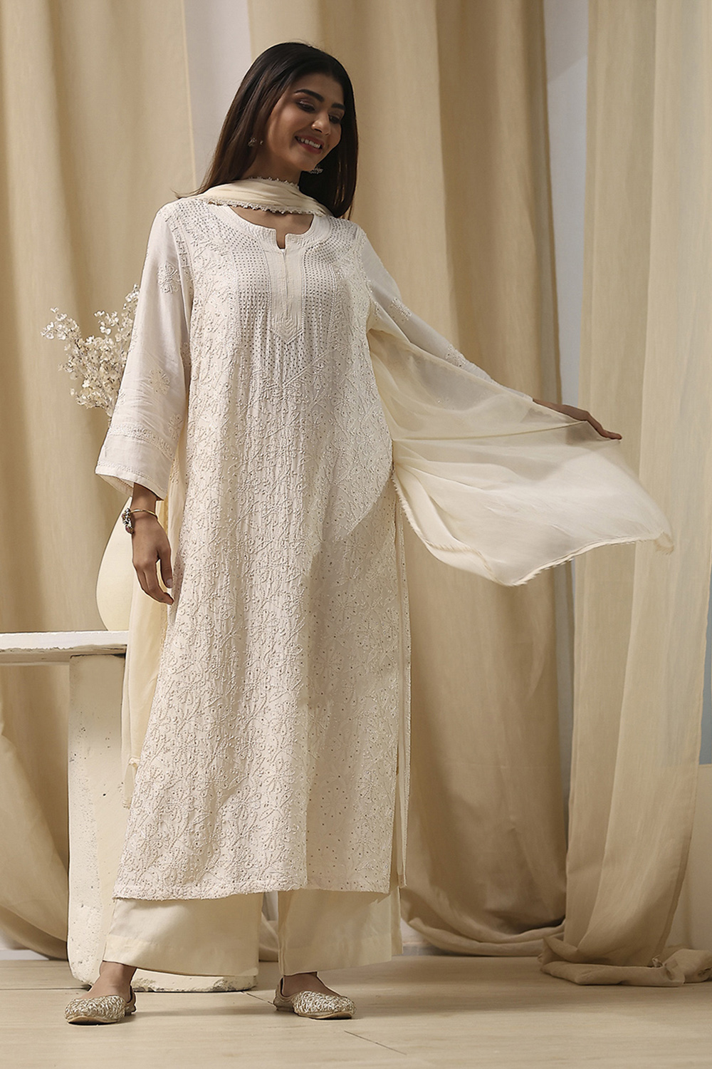 Off-White Modal Chikankari Straight Suit Set image number 0