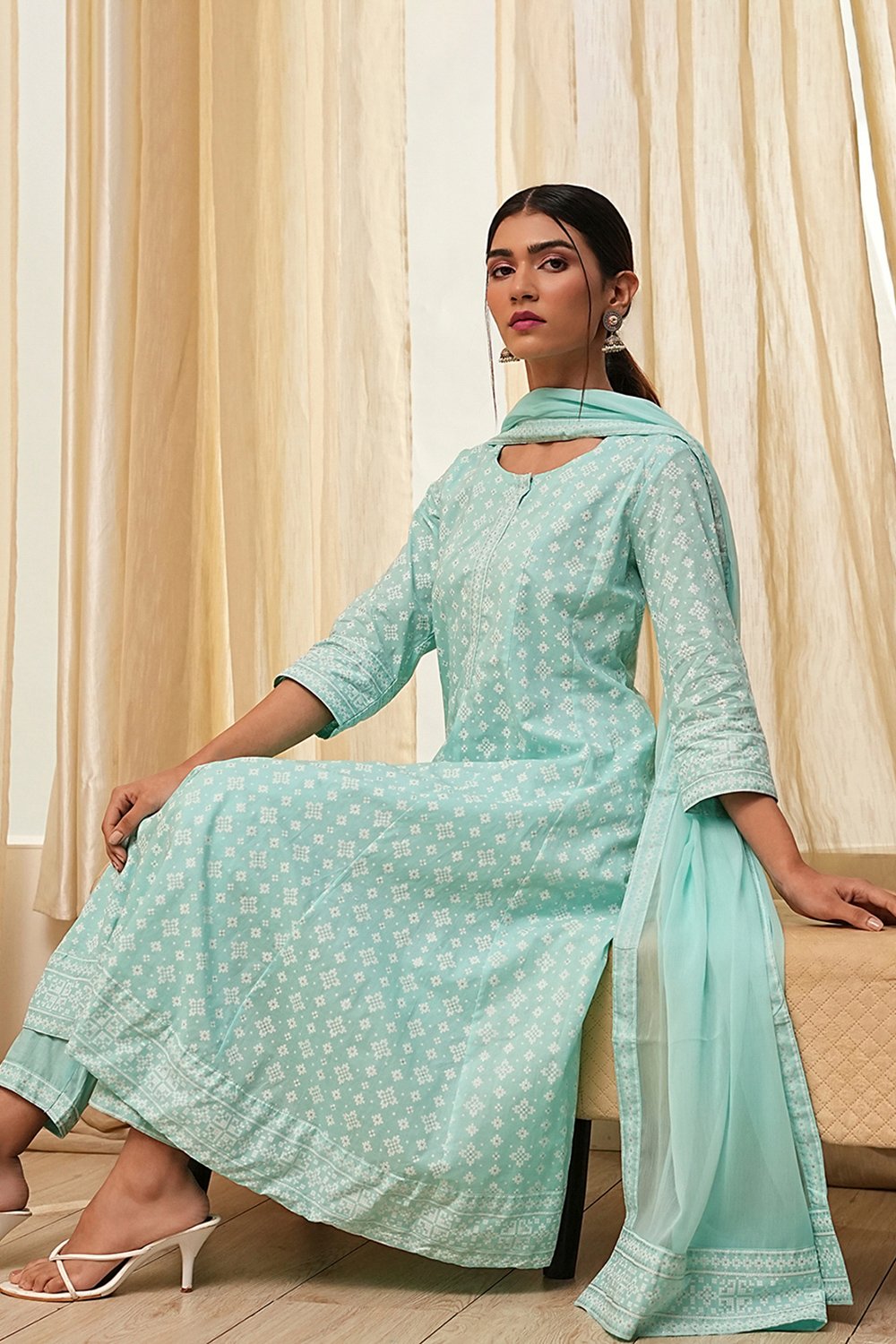 Aqua Pure Cotton Printed Kalidar Suit Set image number 1