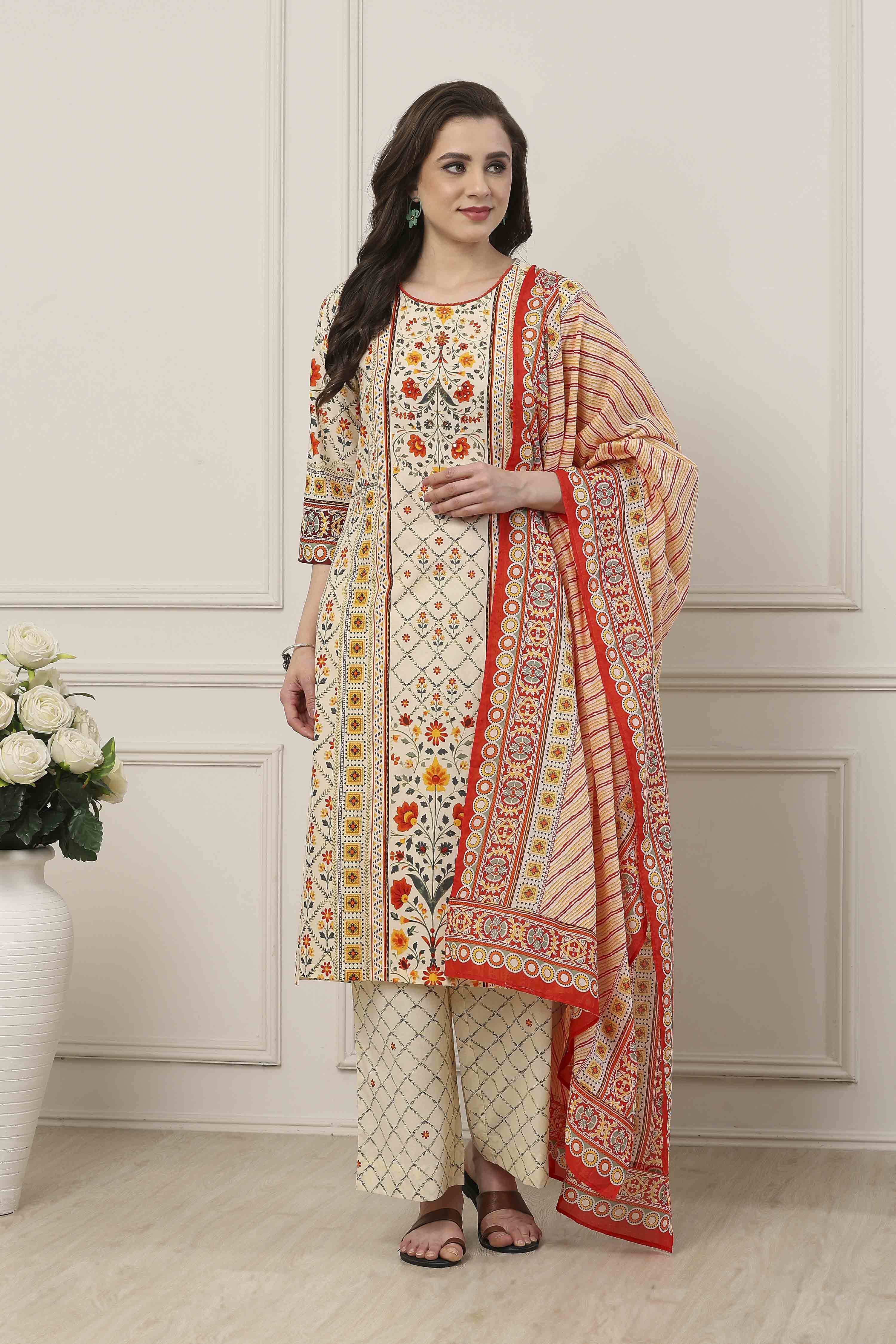 Beige Cotton All-Over Floral Straight Suit Set image number 0
