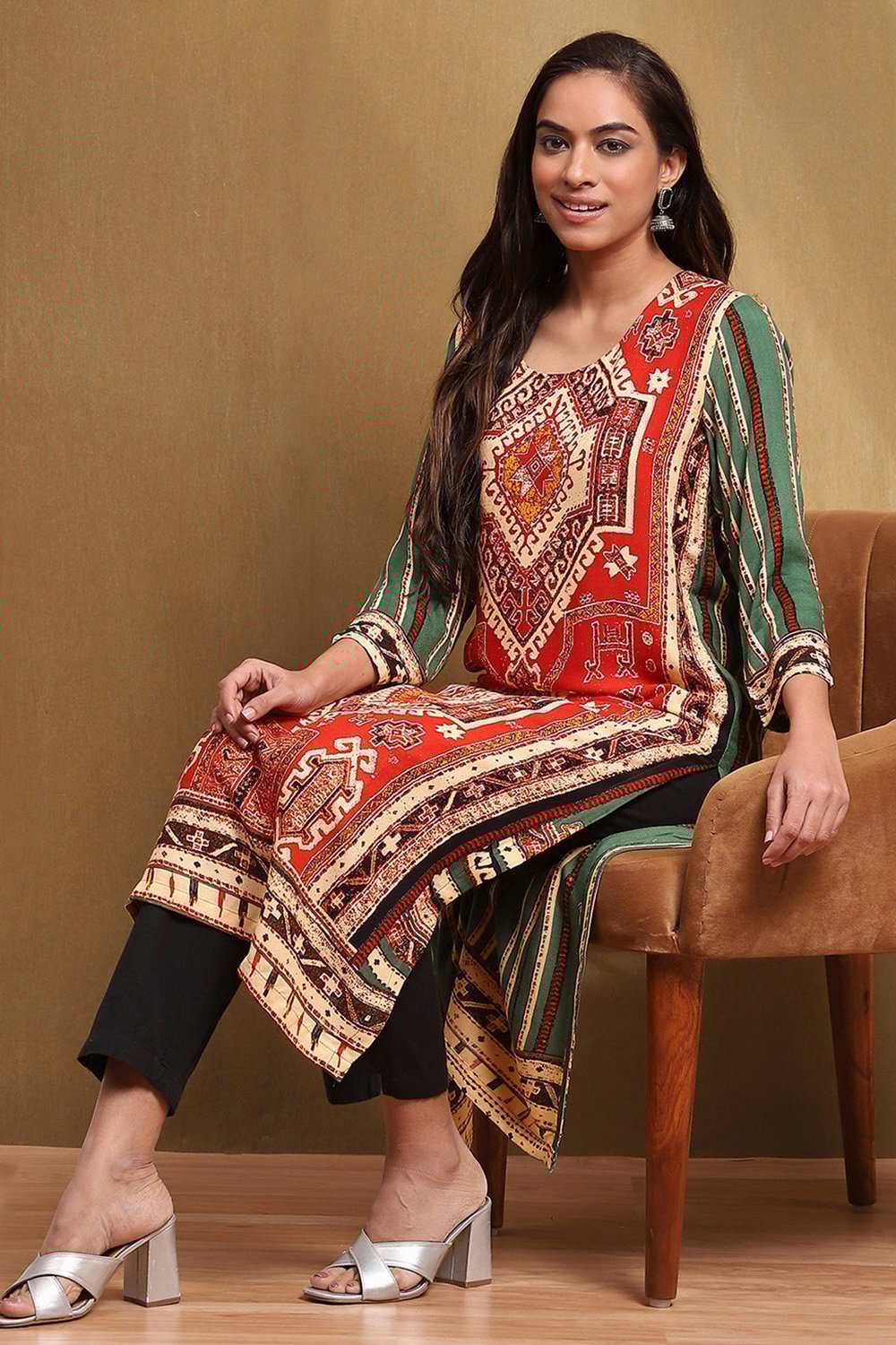 Red-Green Straight Kurta image number 0