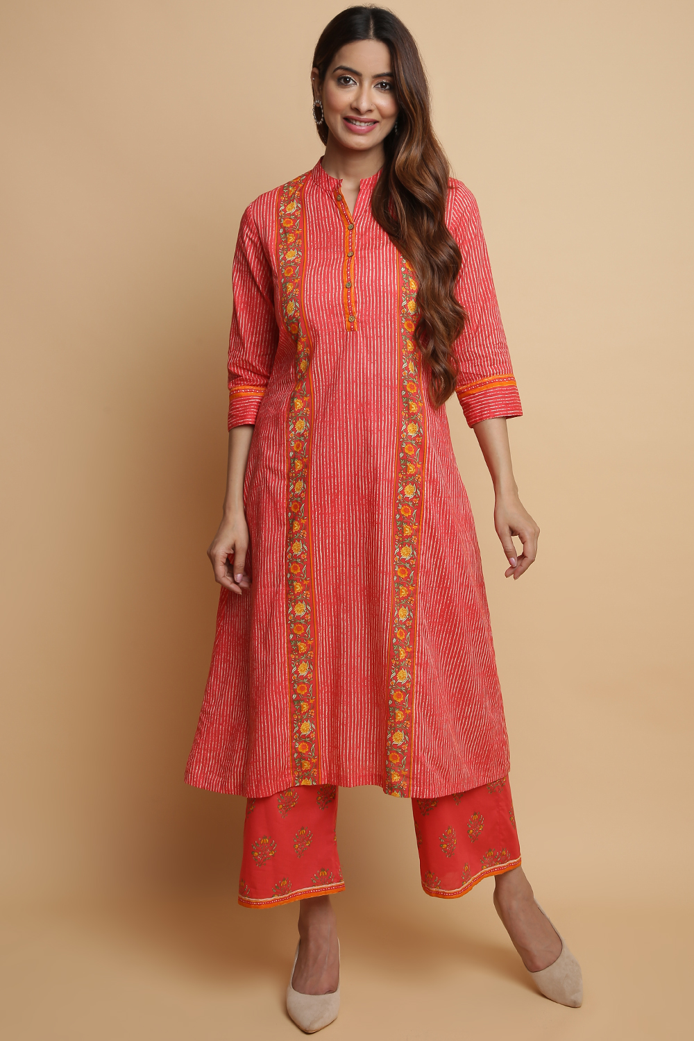 Coral Cotton A-Line Kurta Palazzo Suit Set image number 0