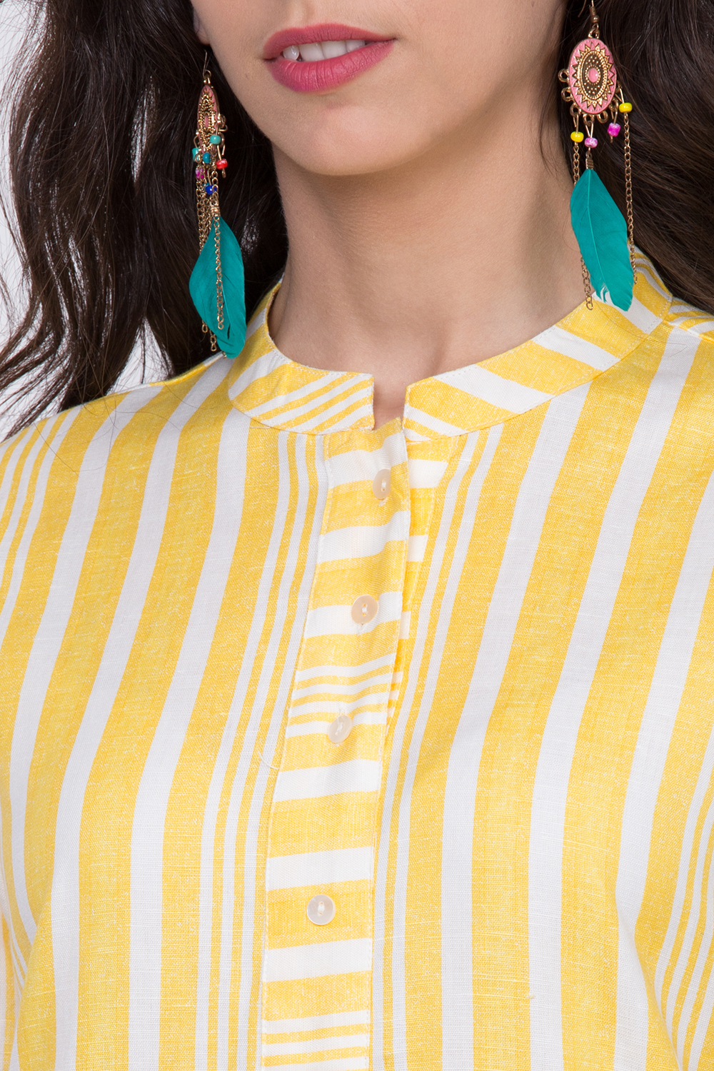 Yellow Striped Linen Printed Kurta image number 1