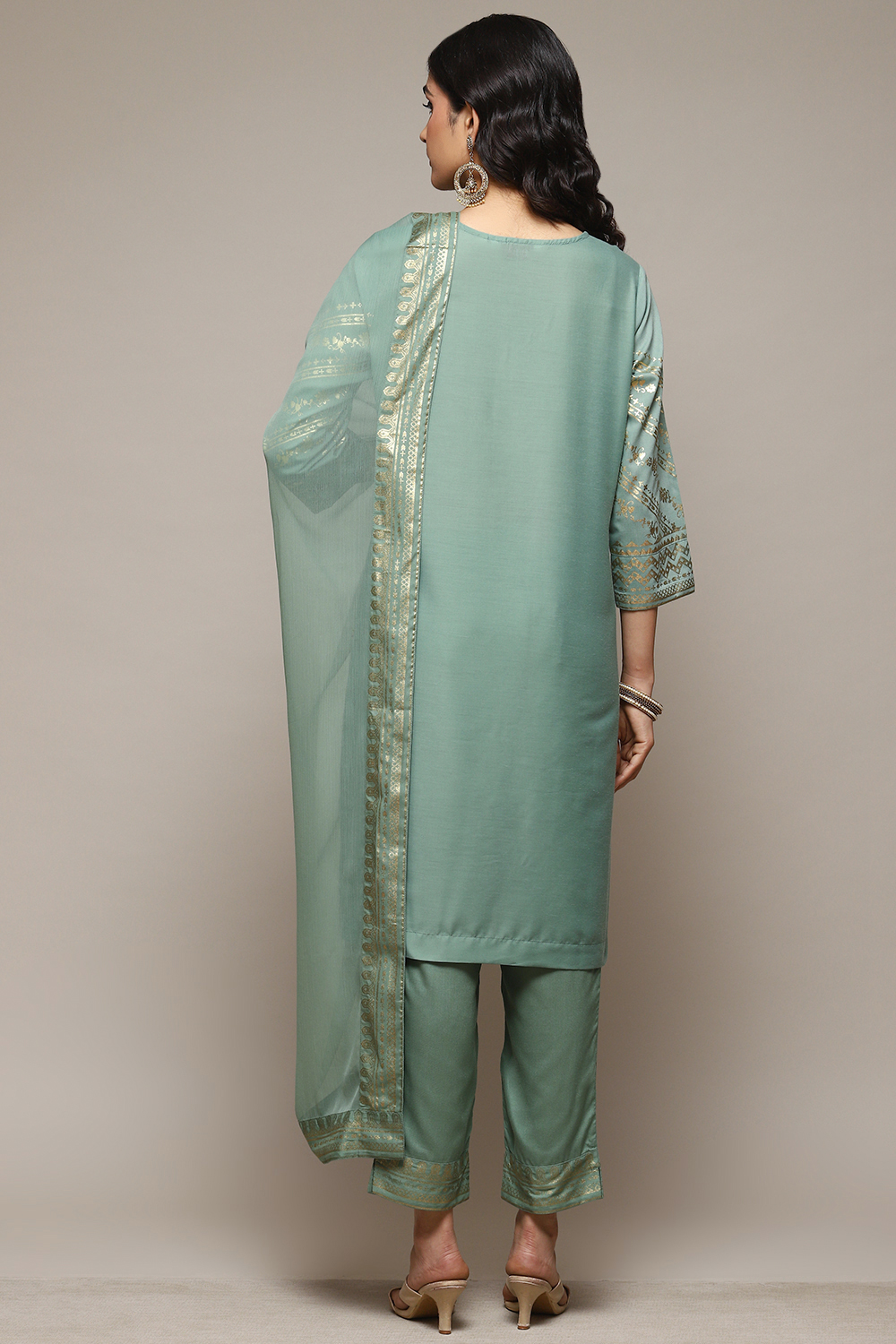 Sage Green Cotton Blend Straight Kurta Pants Suit Set image number 4