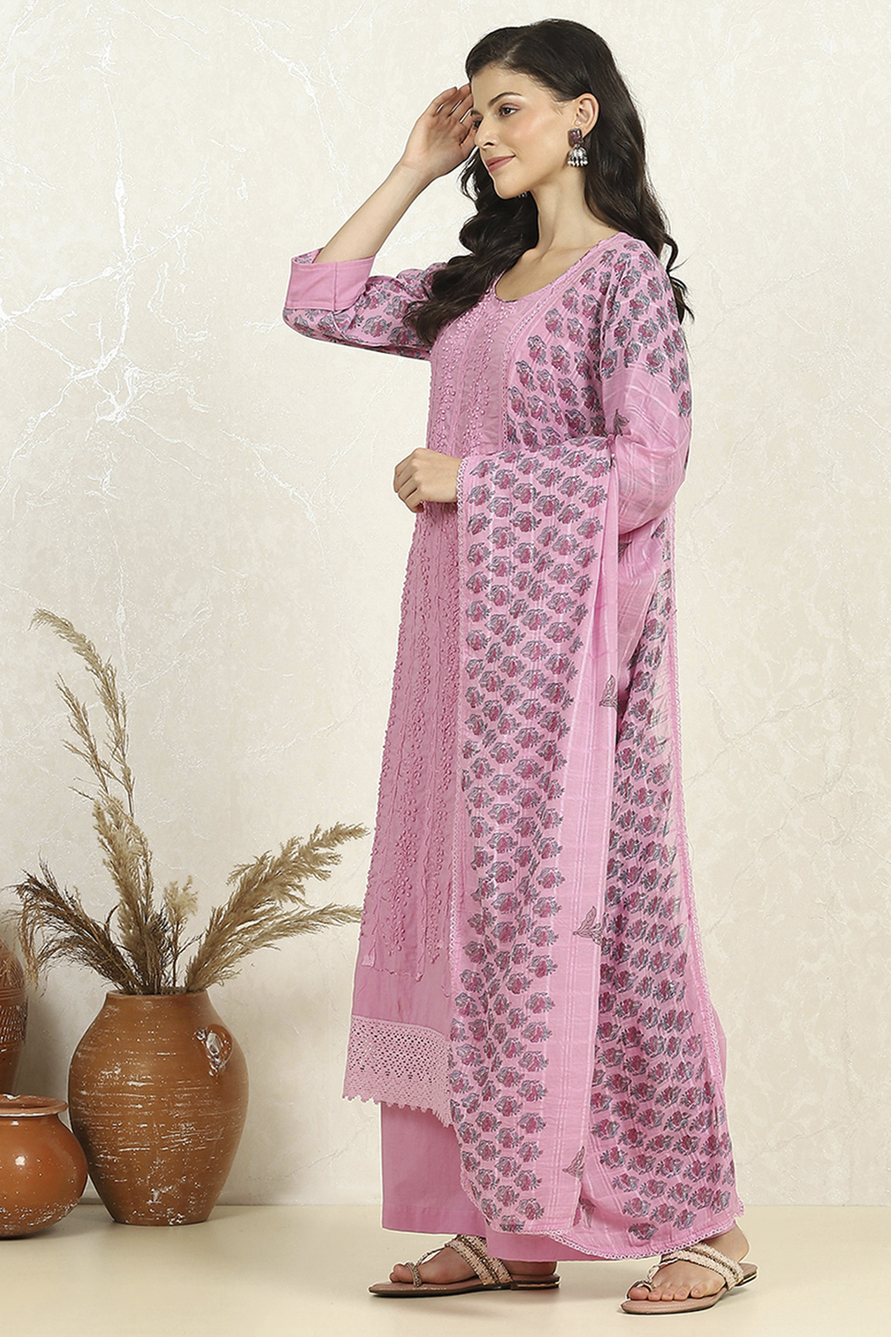 Purple Cotton Unstitched Suit Set image number 4