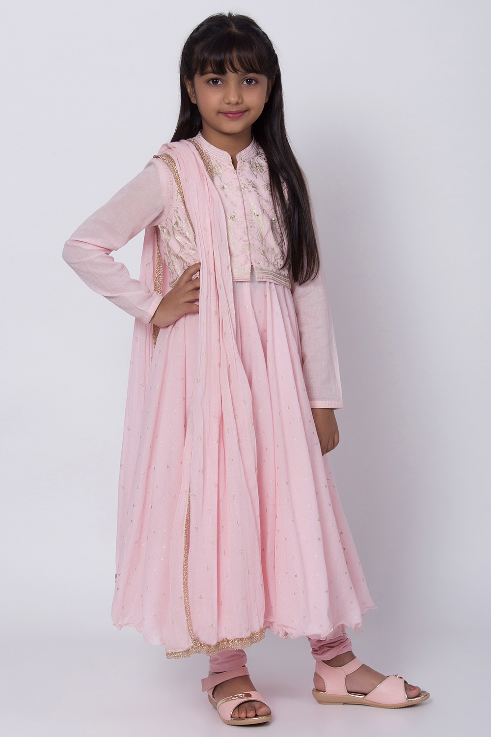 Pastel Pink Cotton Anarkali Kurta Churidar Suit Set image number 5
