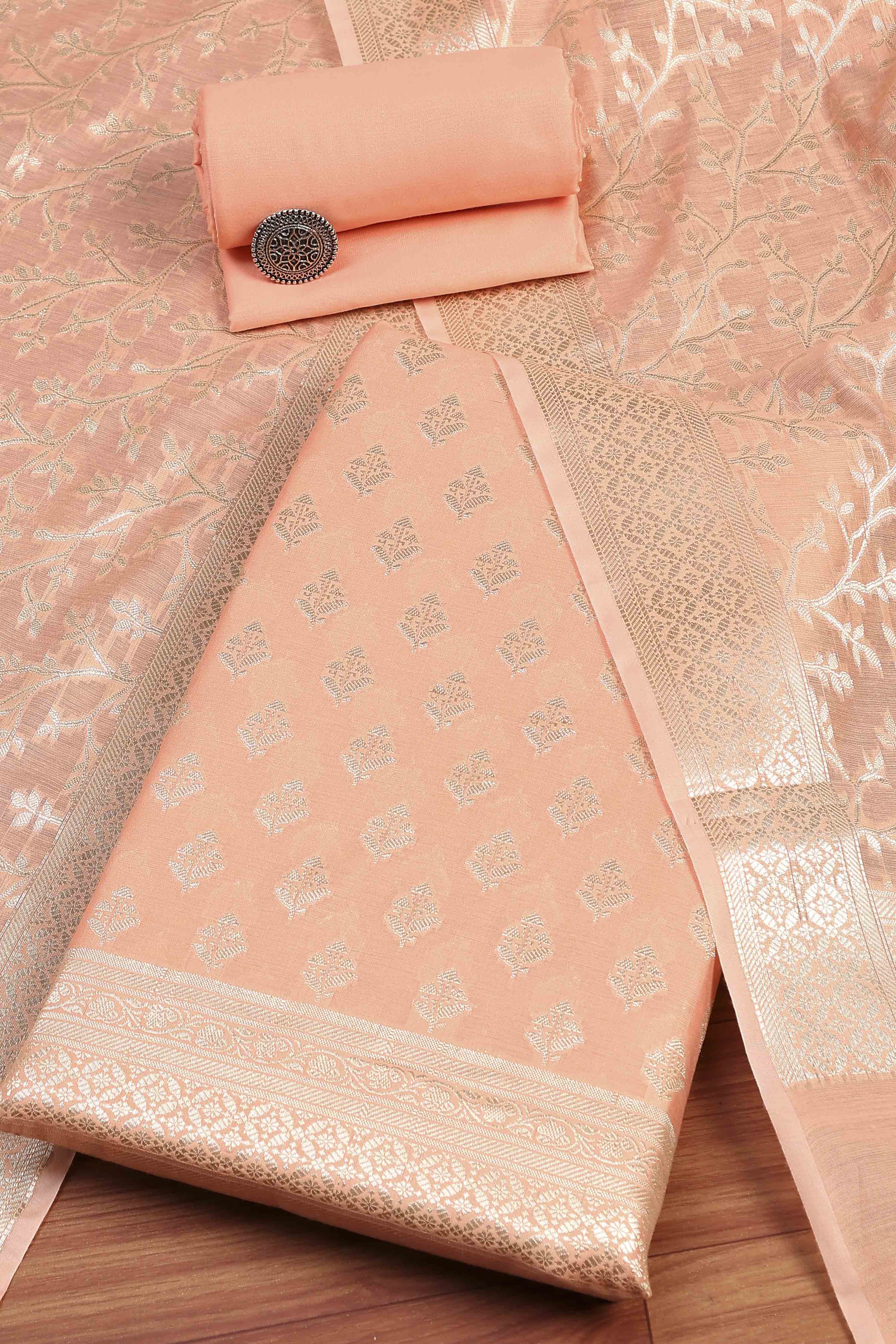 Light Pink Chanderi Ethnic Motif Unstitched Suit Set image number 0