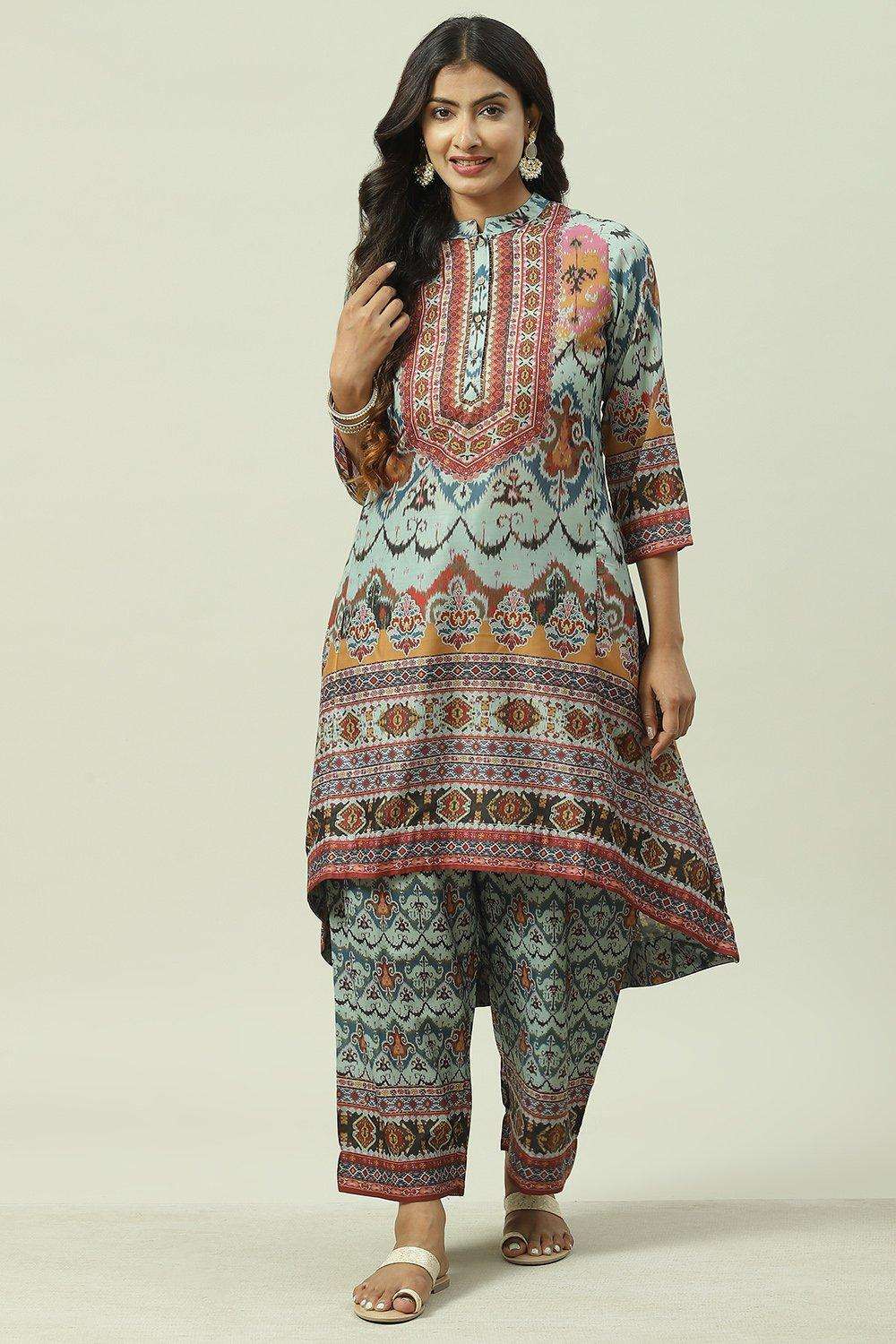 Blue Cotton Blend Asymmetric Printed Kurta Suit Set image number 0