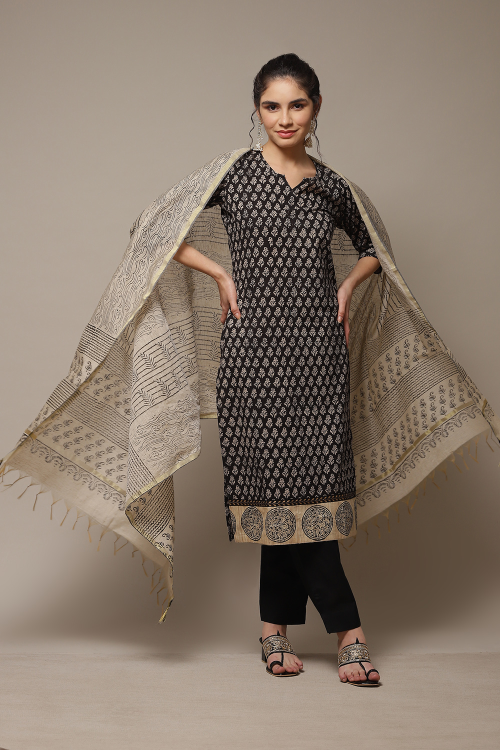 Black Cotton Hand Block Print Unstitched Suit Set image number 0