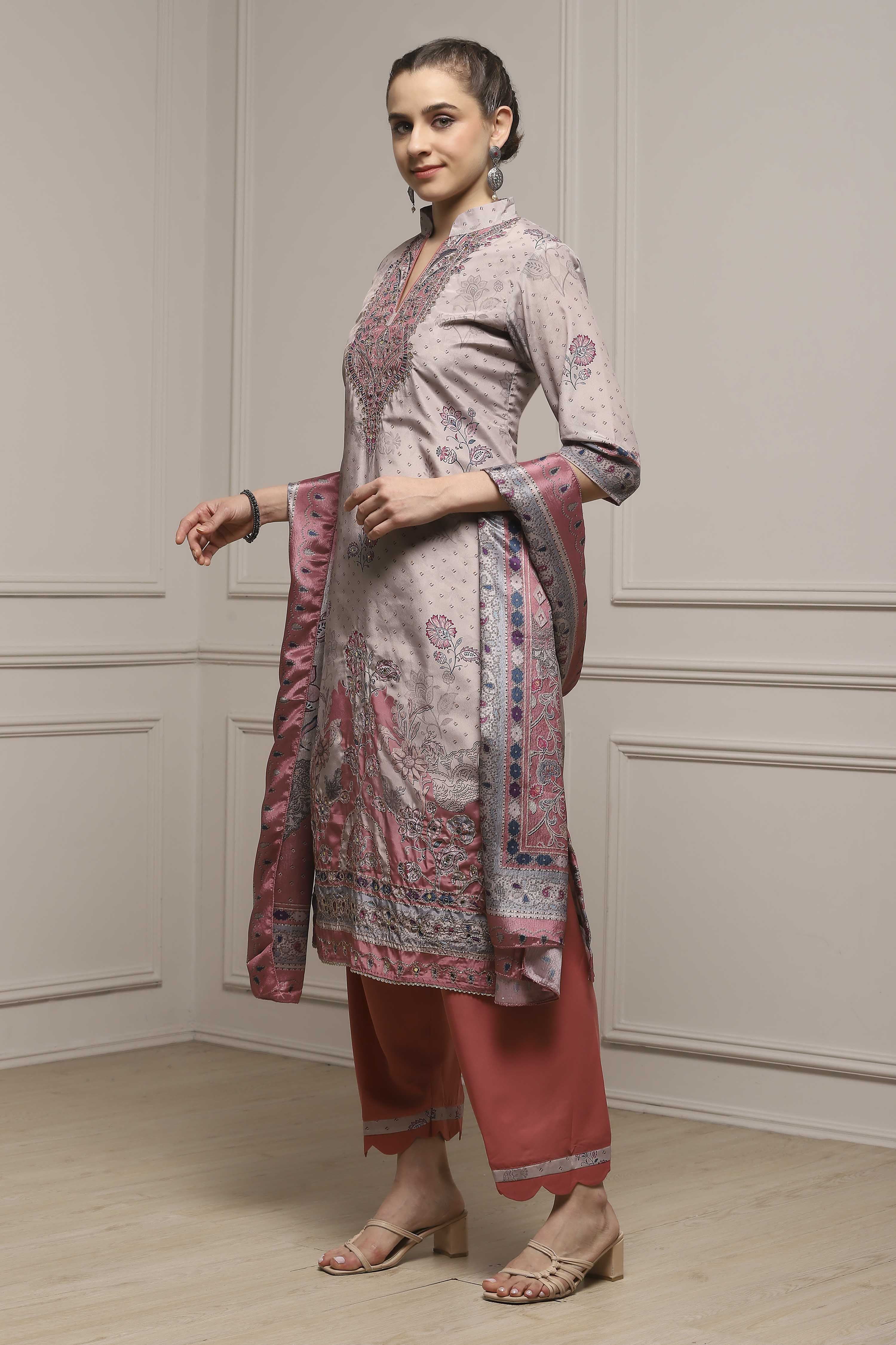 Brown Poly Crepe Digital Print Unstitched Suit Set image number 4