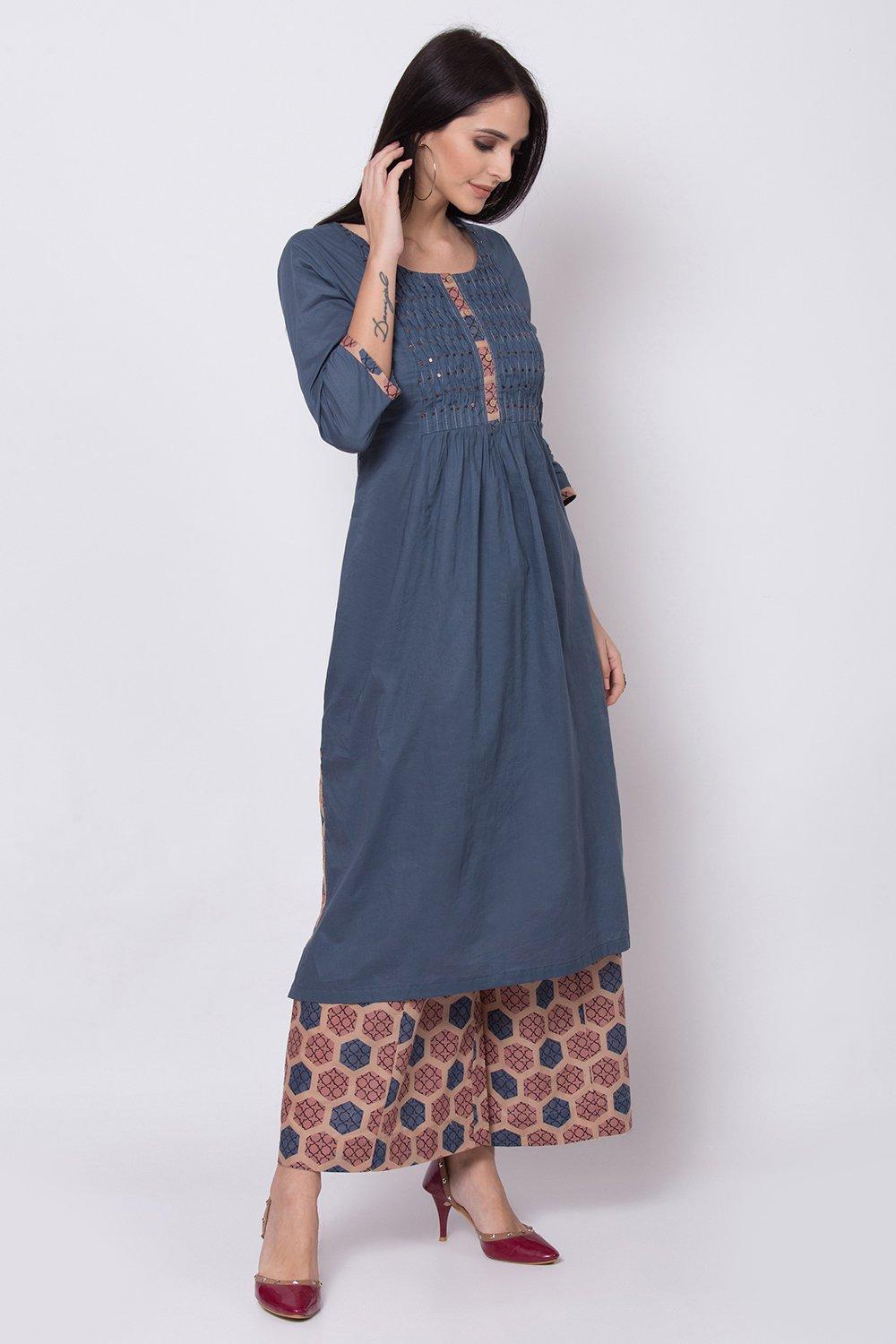 Dark Blue Flared Kurta Palazzo Suit Set image number 5