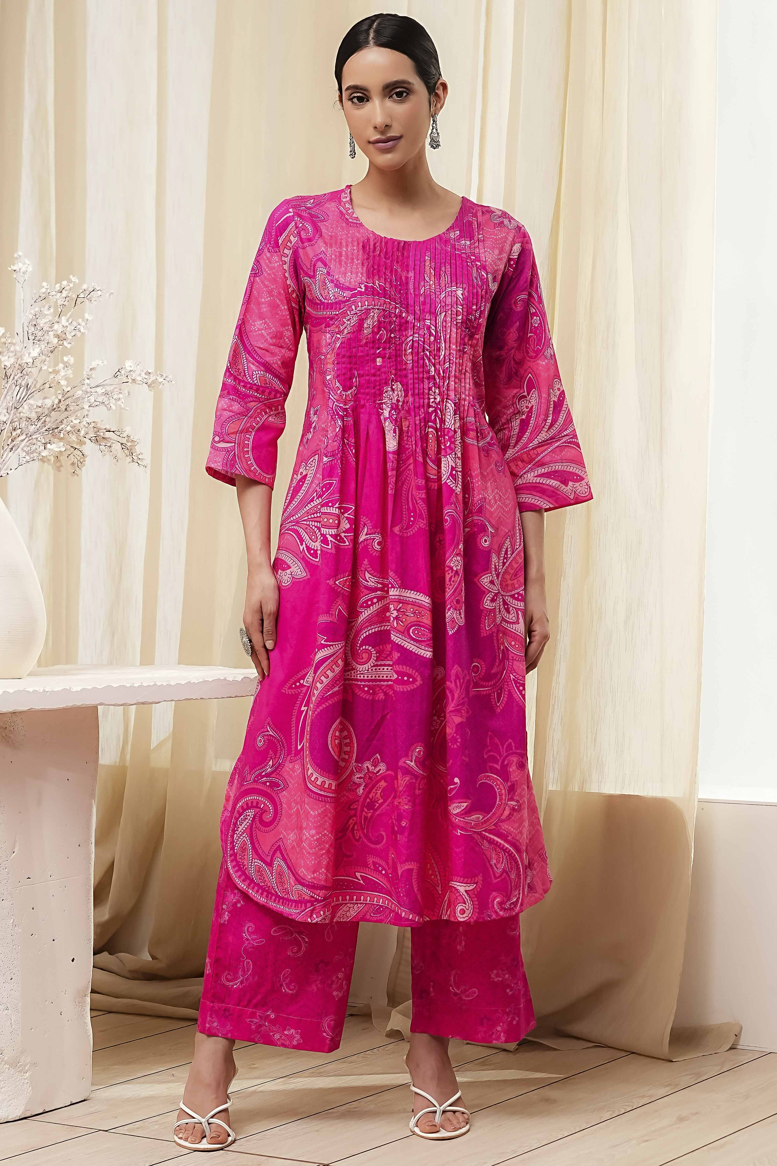 Pink Cotton Printed Pleated Kurta Set image number 6