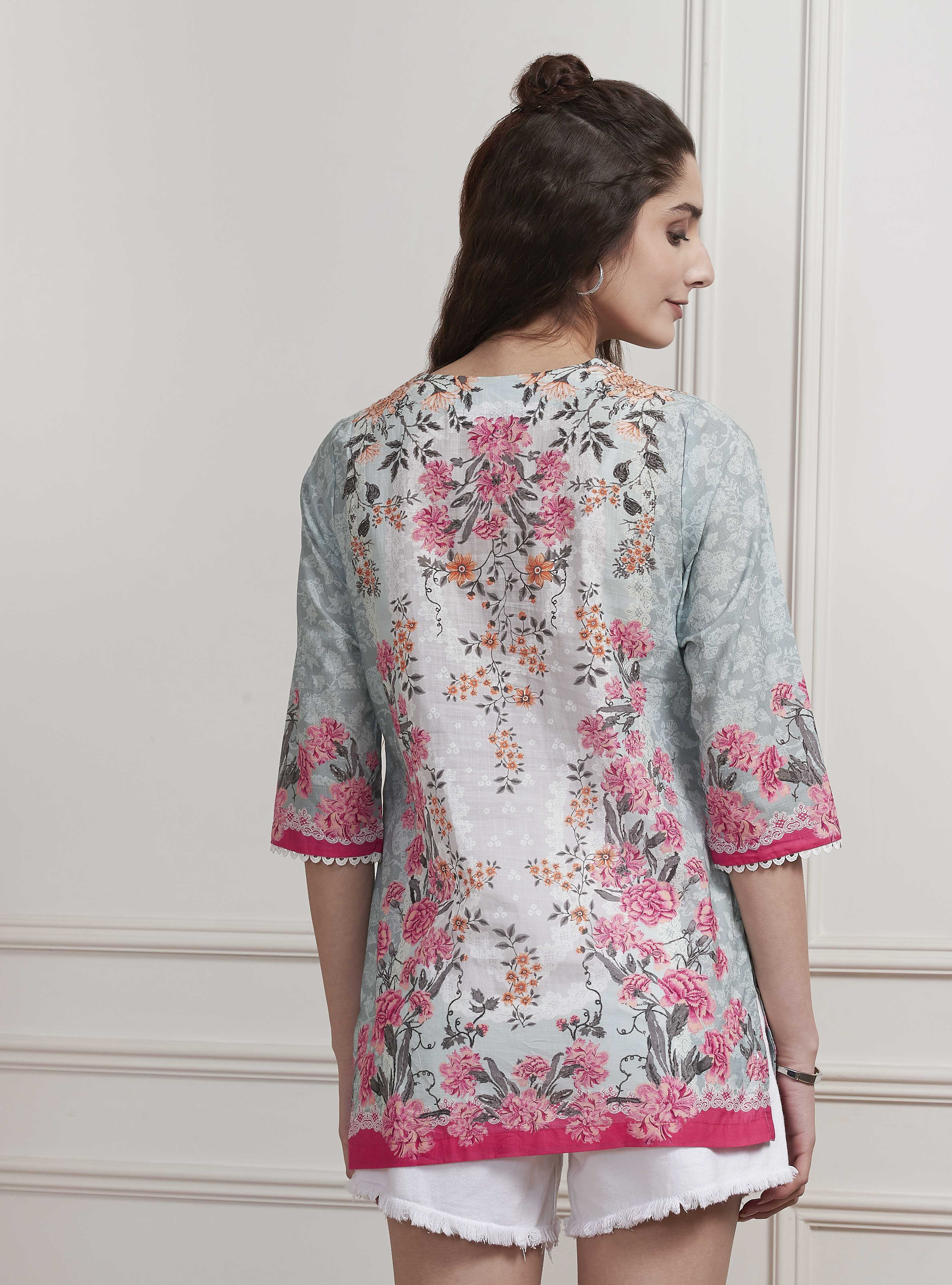 Blue Cotton Printed Straight Short Kurta image number 3