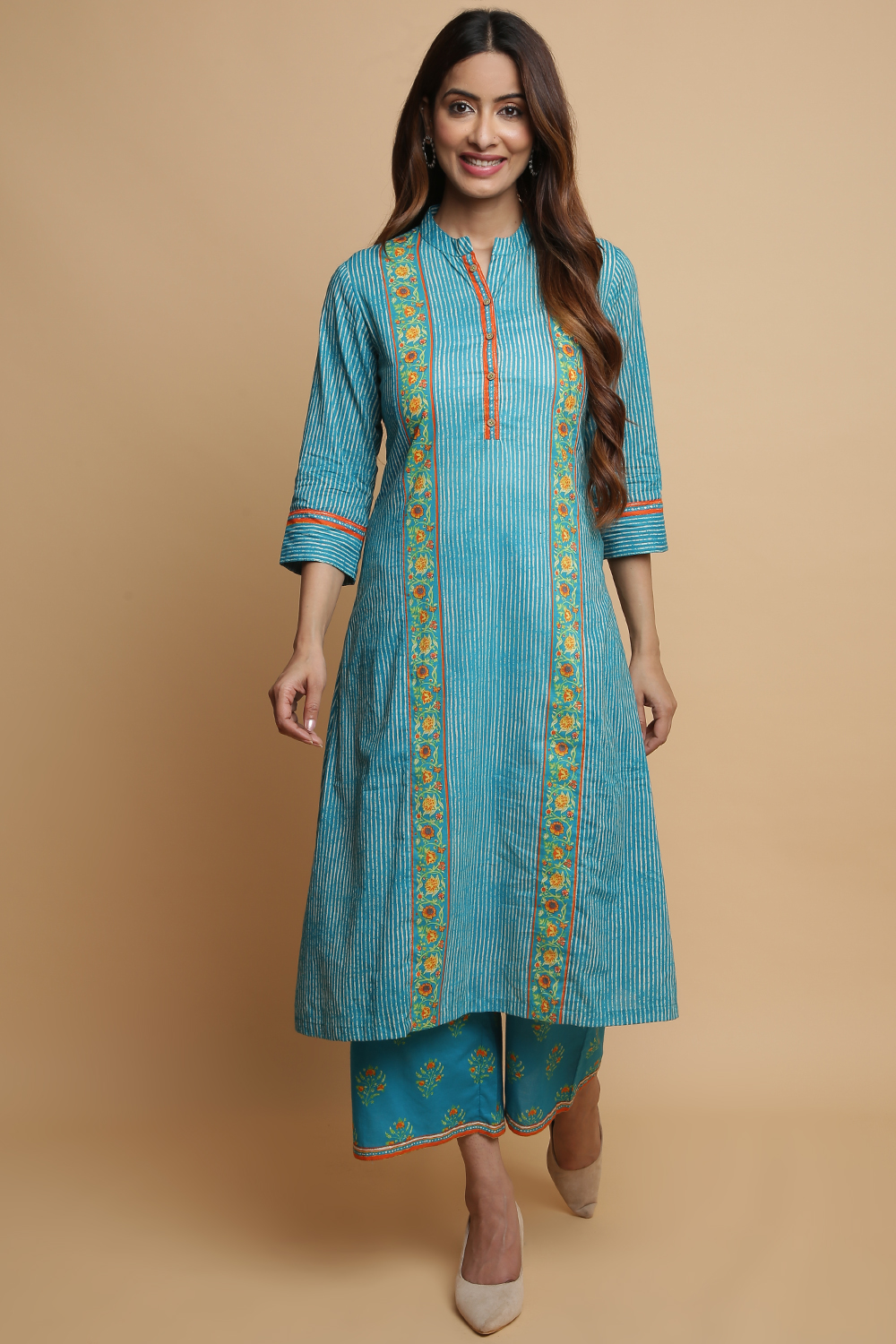 Turquoise Cotton A-Line Kurta Palazzo Suit Set image number 0