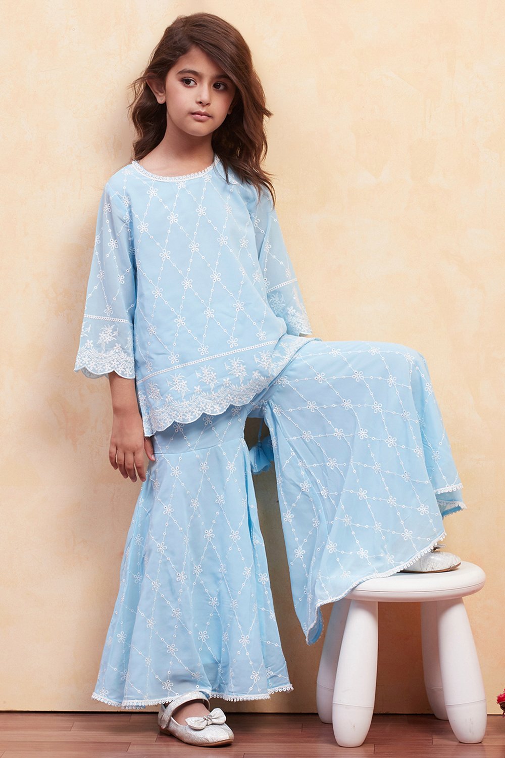 Powder Blue Polyester Sharara Suit Set image number 0