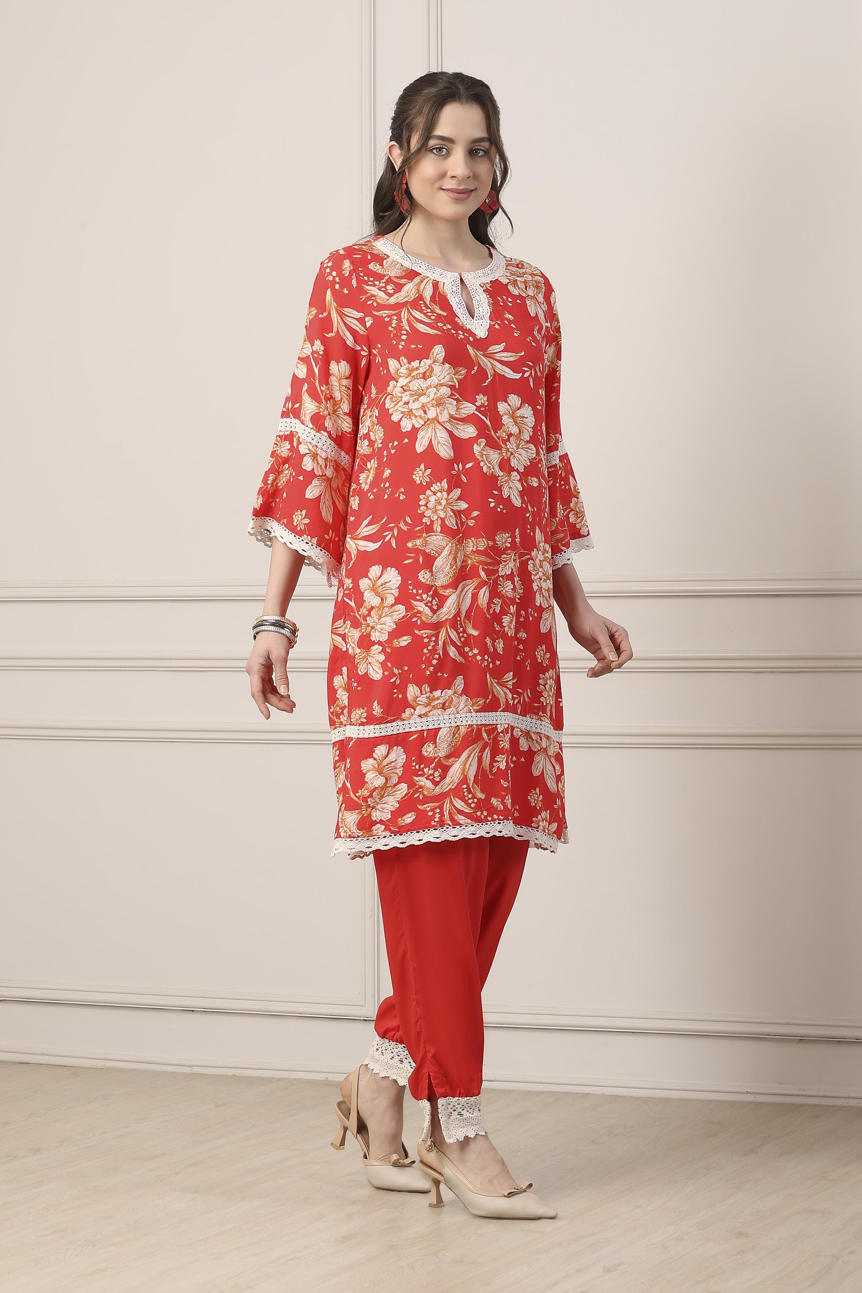 Red Floral Lace Work Straight Suit Set image number 5