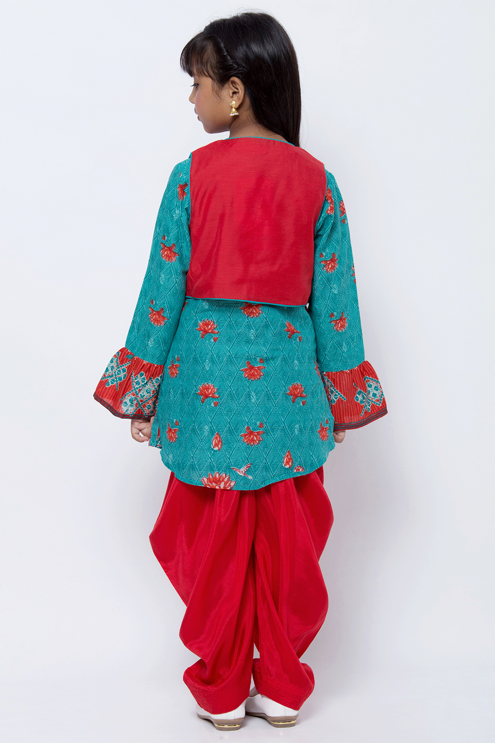 Turquoise And Red Cotton Straight Kurta Dhoti Salwar Suit Set image number 5