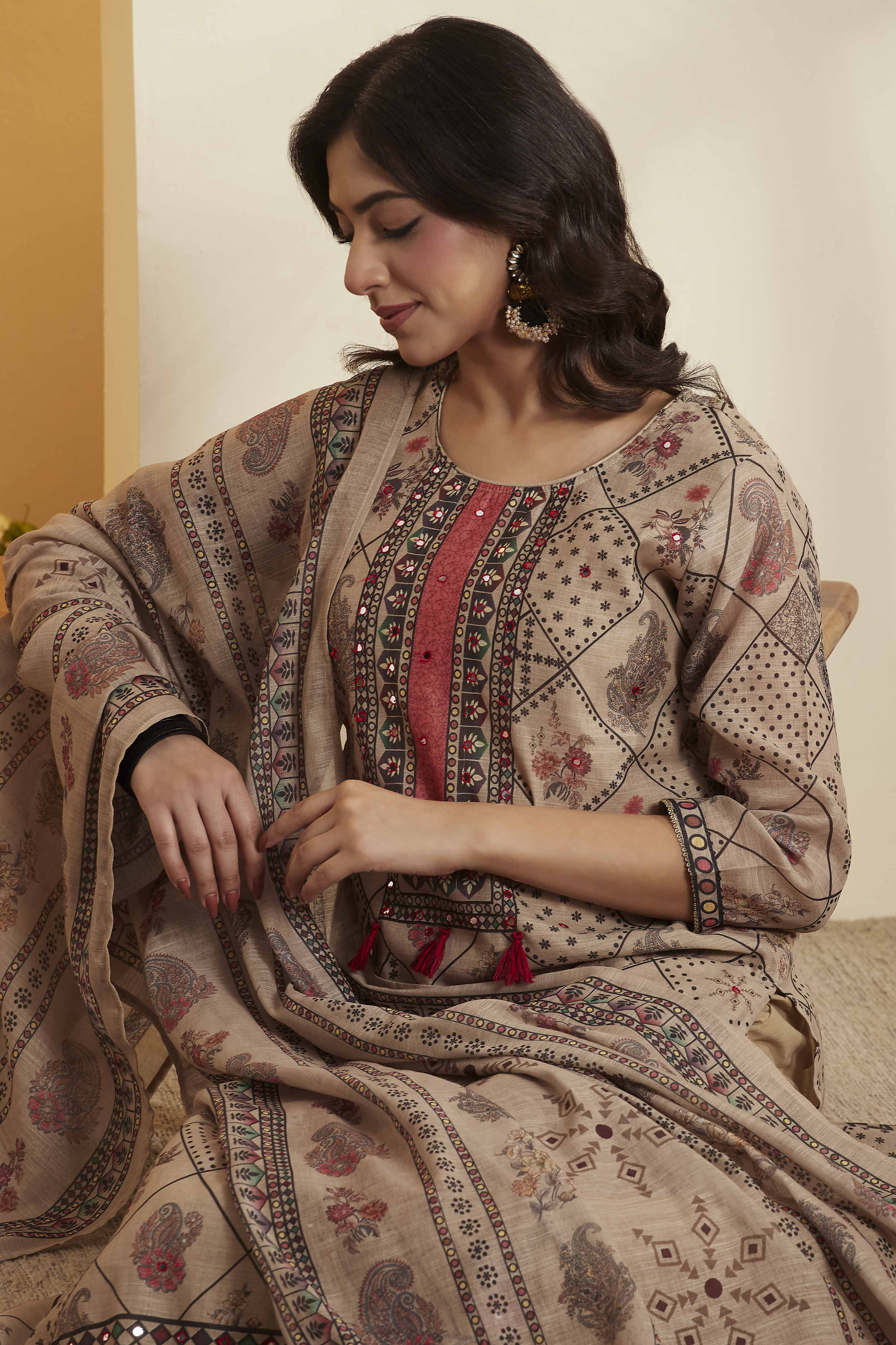 Beige Poly Linen Straight Suit Set image number 1