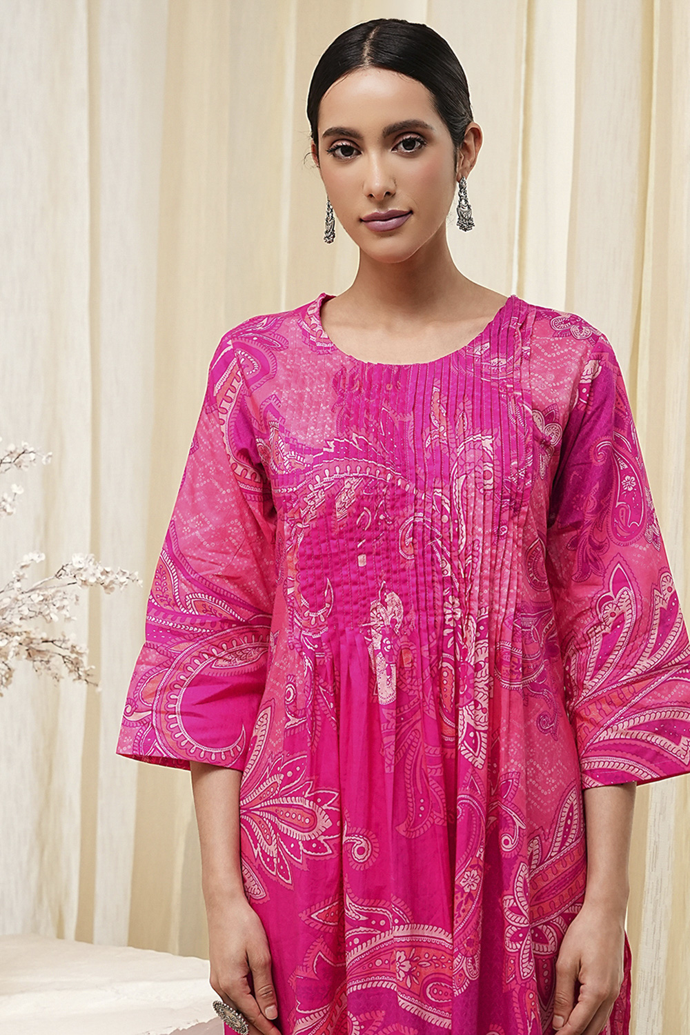 Pink Cotton Printed Pleated Kurta Set image number 1