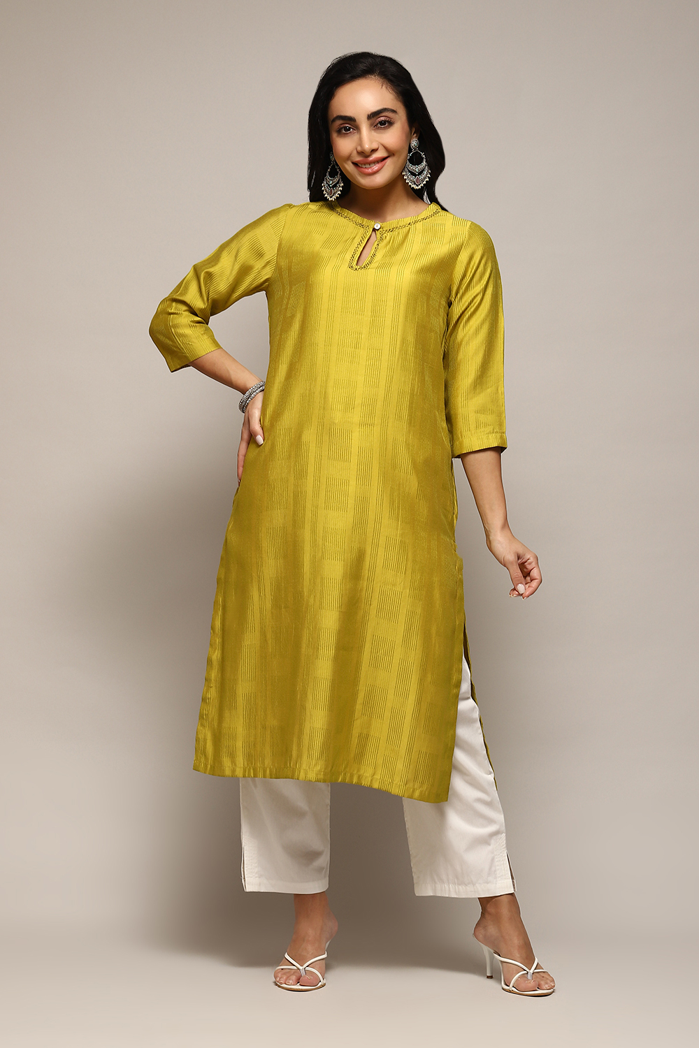 Neon Green Poly Viscose Straight Yarndyed Kurta image number 0