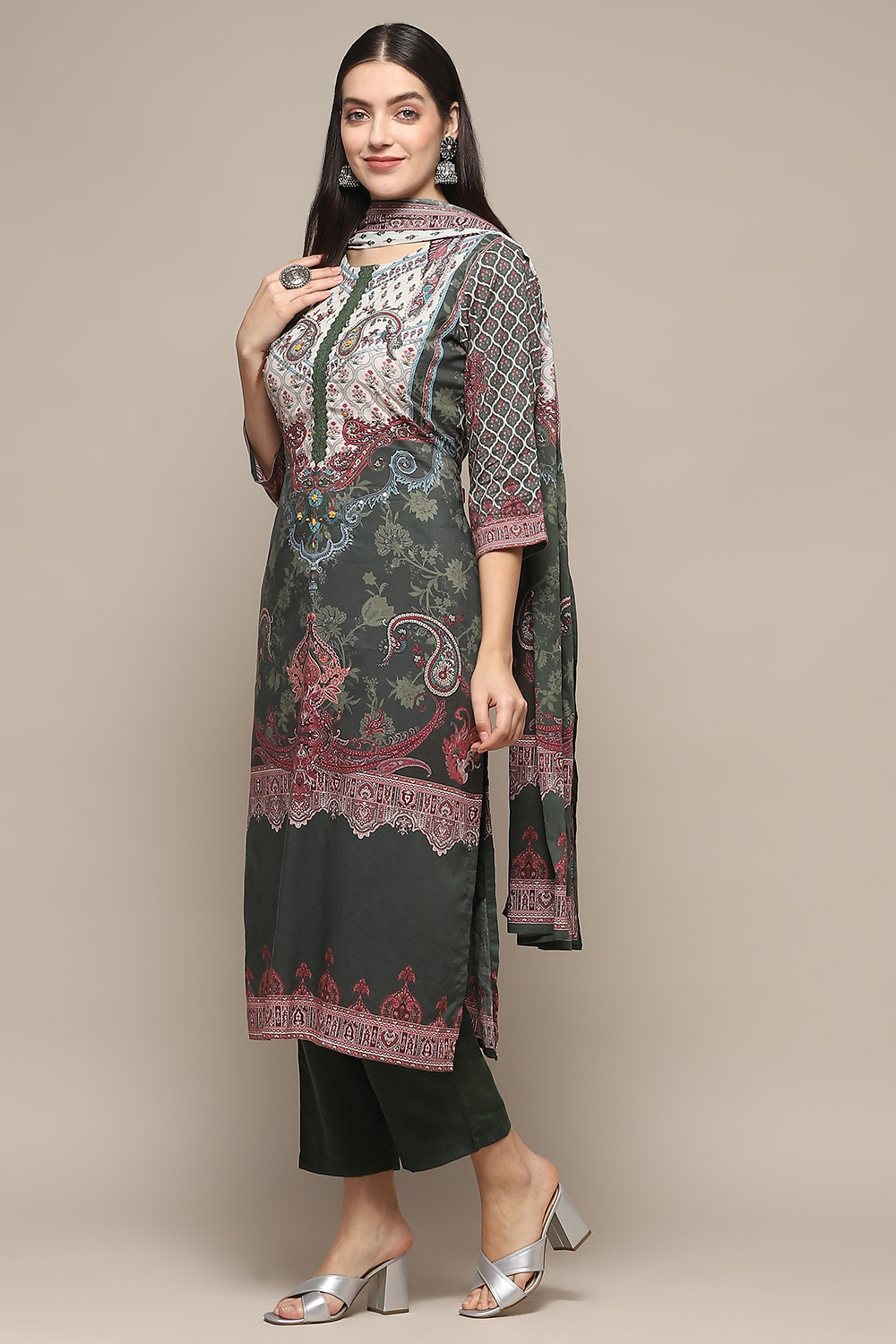 Olive Cotton Unstitched Suit set image number 5