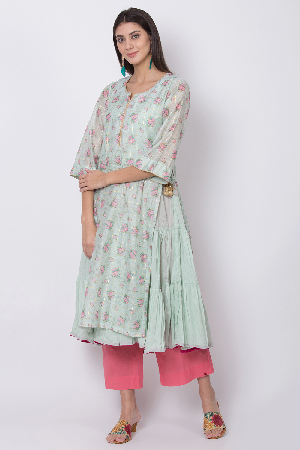 Mint Green Poly Metallic Cotton Flared Printed Kurta image number 3