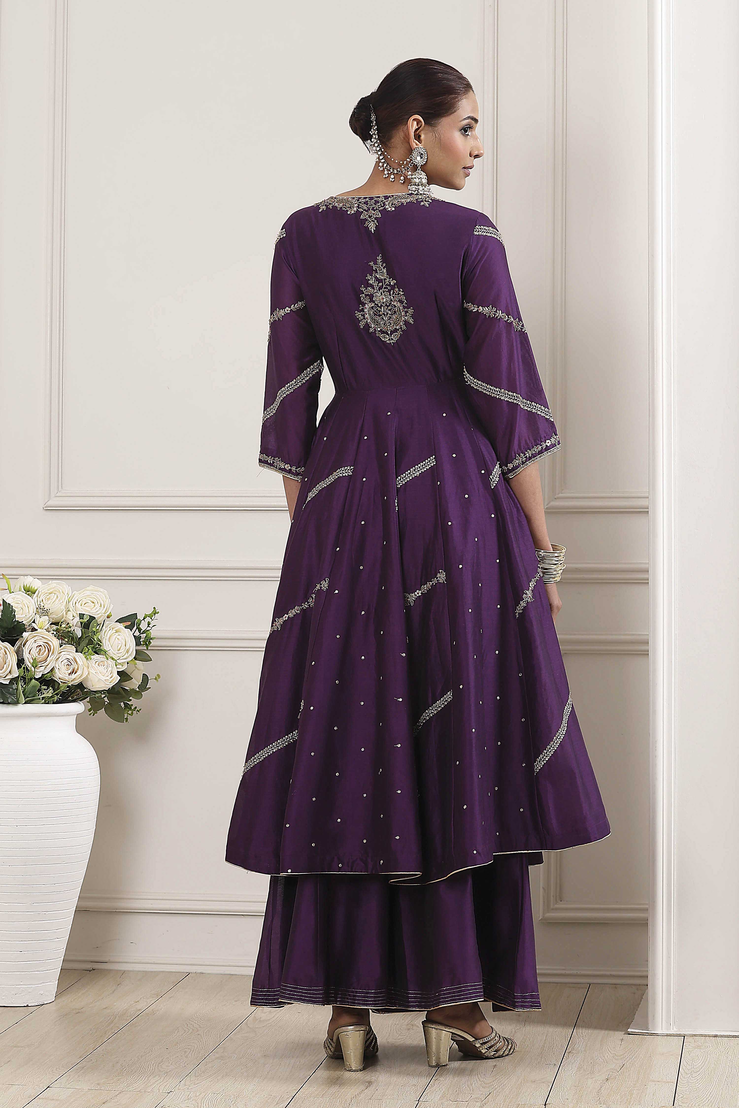 Purple Chanderi Silk Gota Embroidered Anarkali Suit Set image number 4