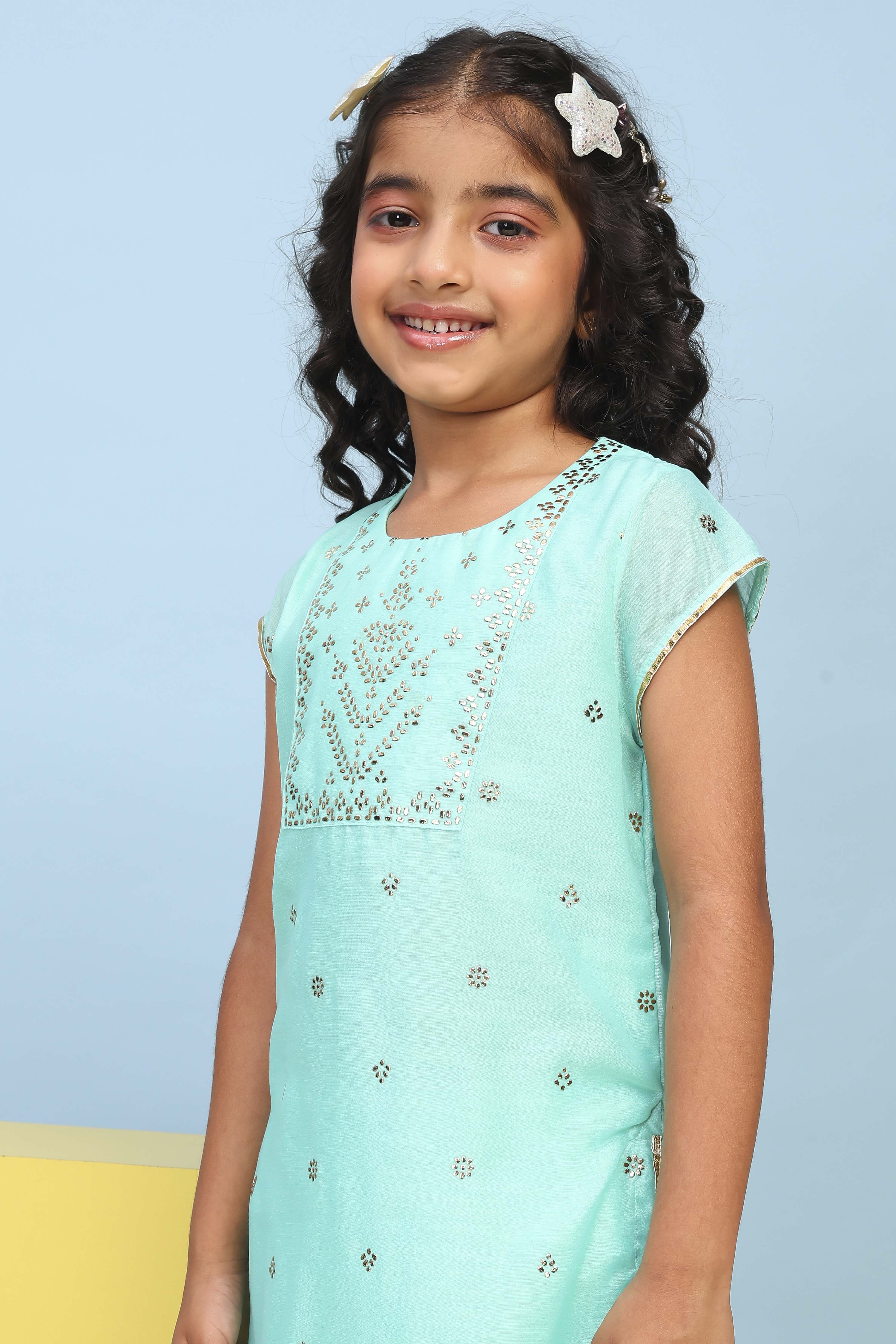 Aqua Polyester Straight Printed Suit Set image number 1