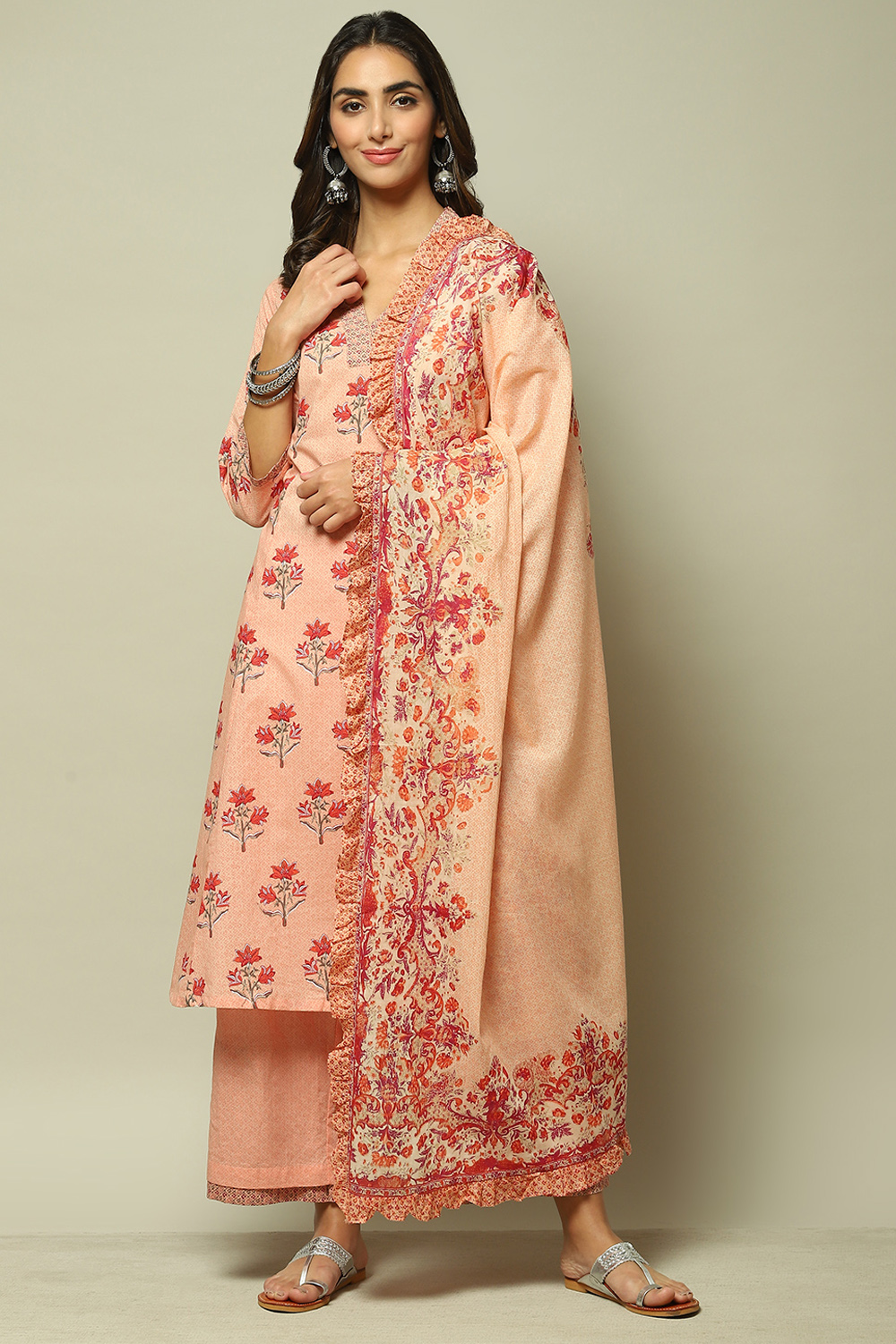 Peach Cotton A-Line Kurta Palazzo Suit Set image number 9