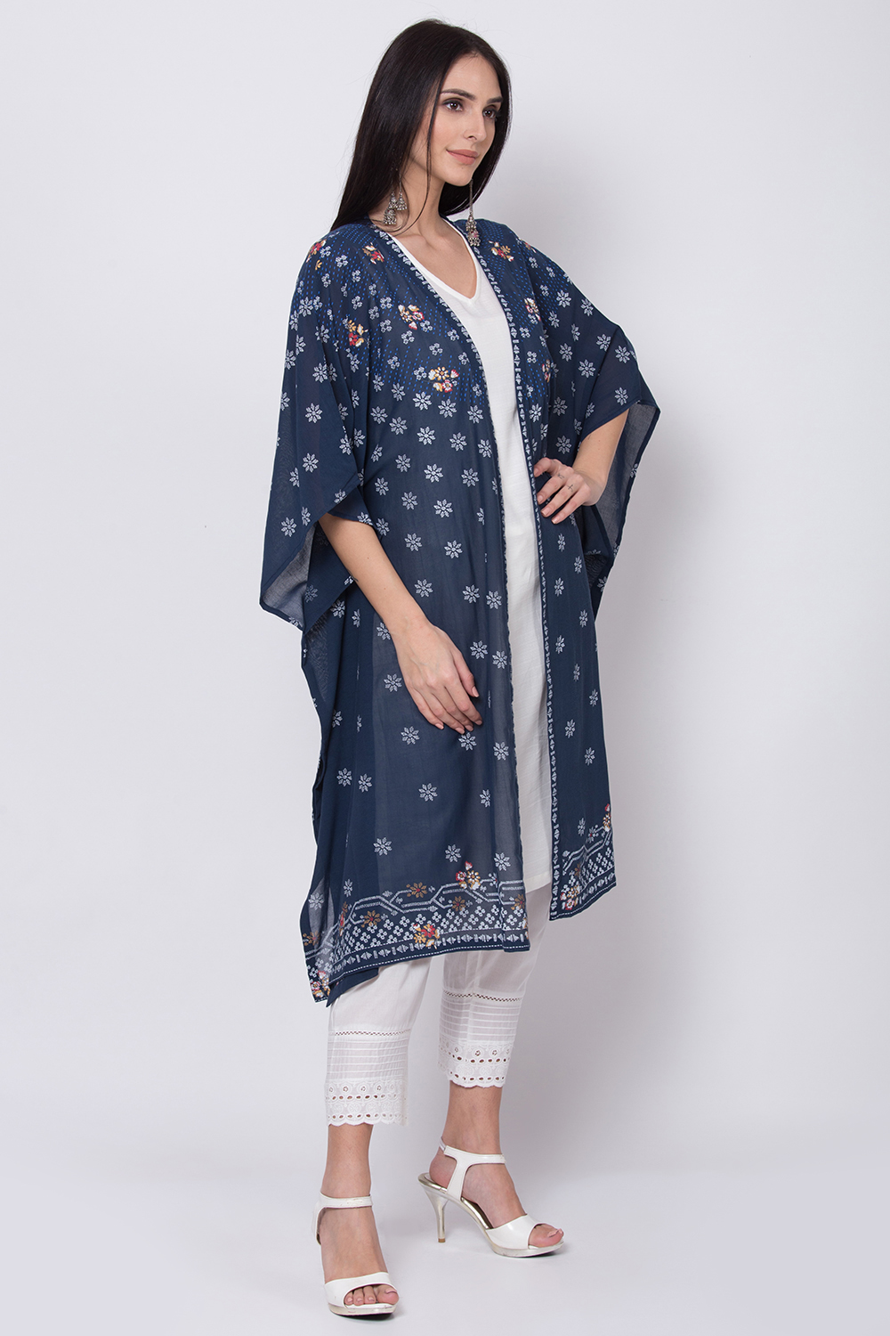 Indigo And White Viscose Cotton Front Open Printed Kurta image number 3
