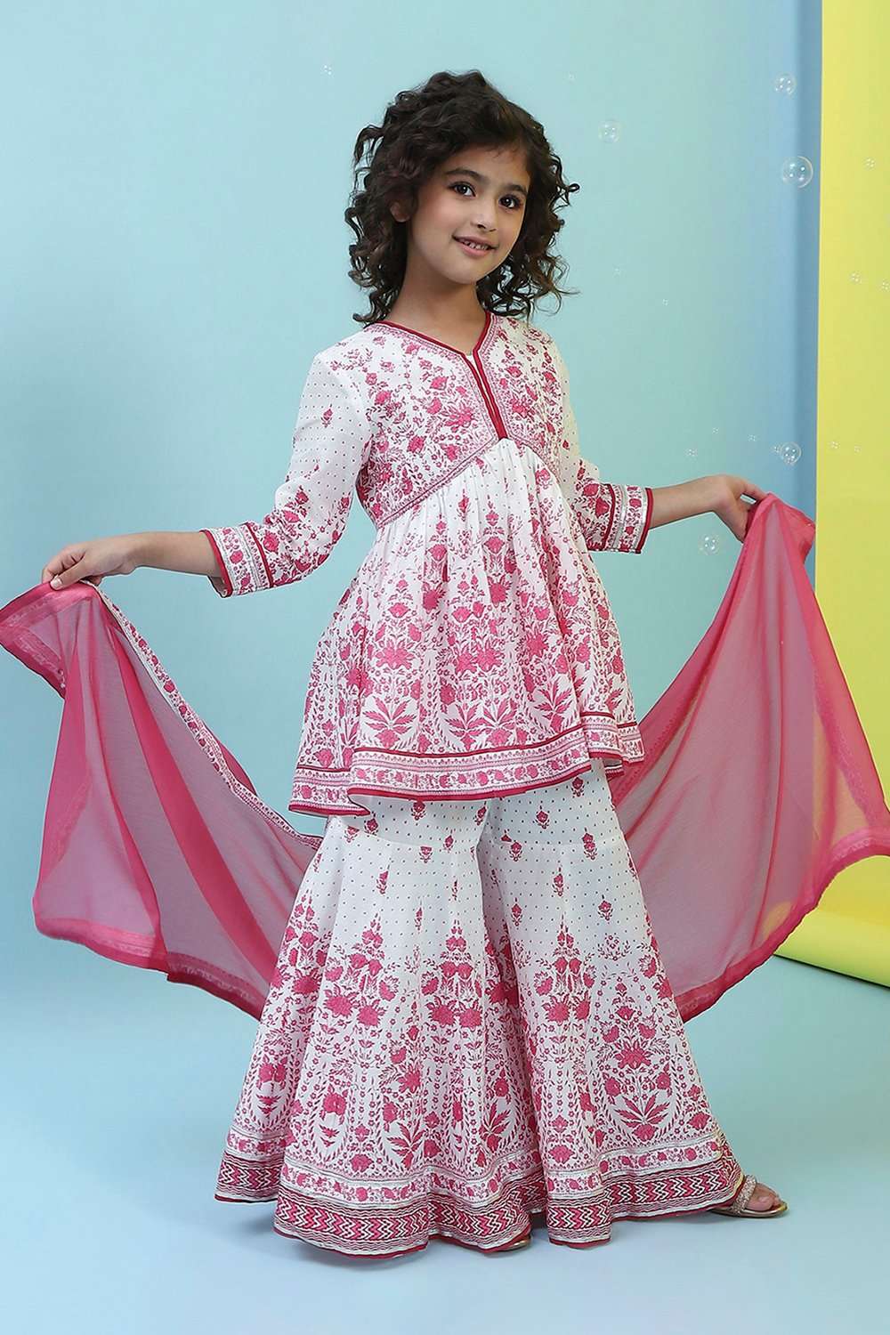 Off White/Pink Cotton A-Line Garara Set image number 7