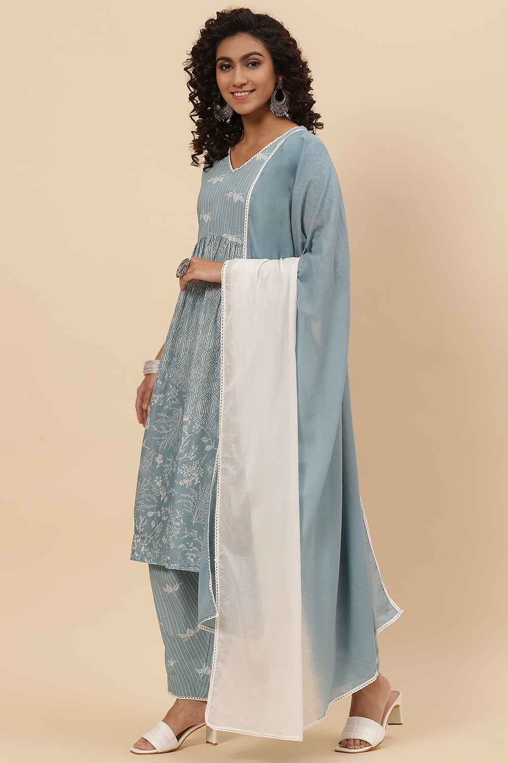 Steel Blue Cotton A-Line Kurta Cross Yoke Salwar Suit Set image number 5