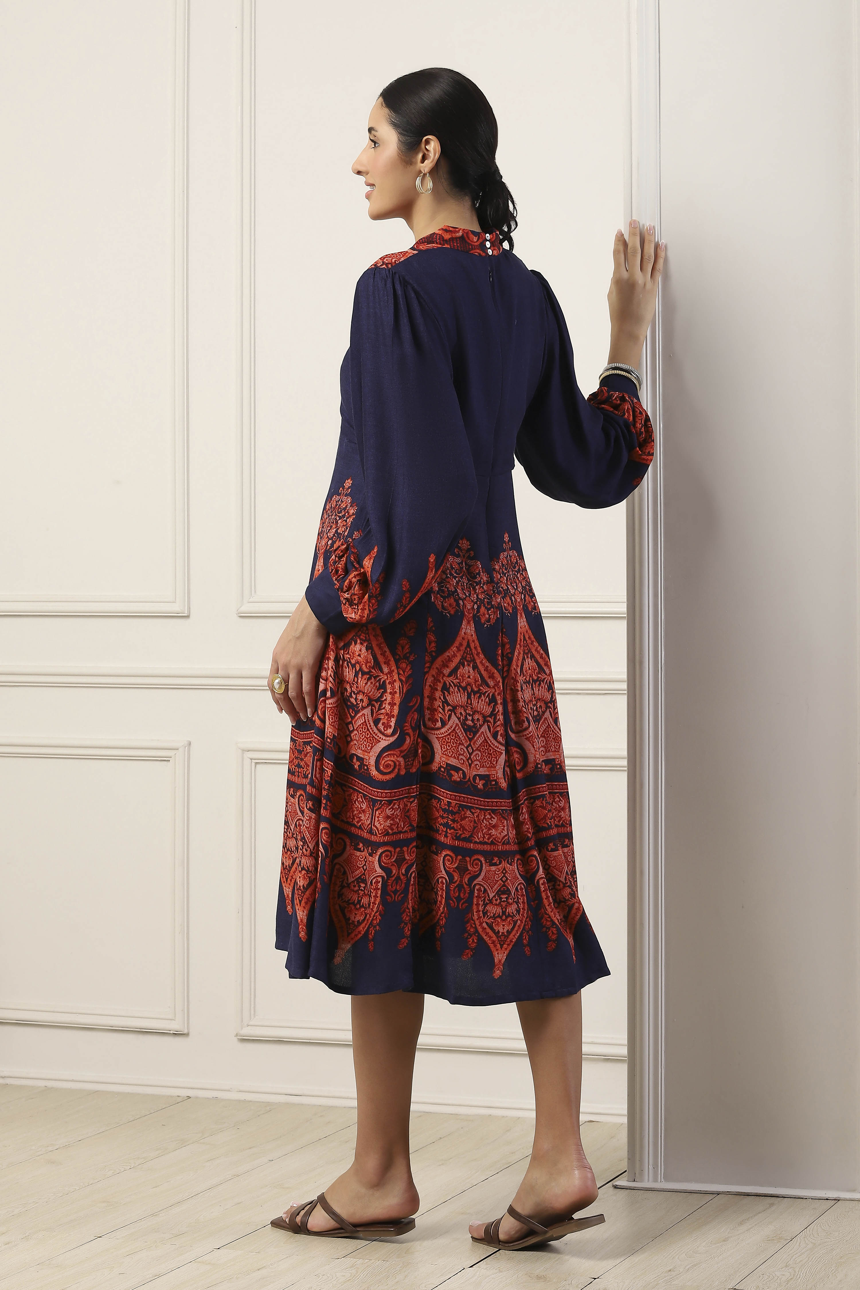 Navy Blue Viscose Rayon Ethnic Motif Printed Flared Dress image number 3