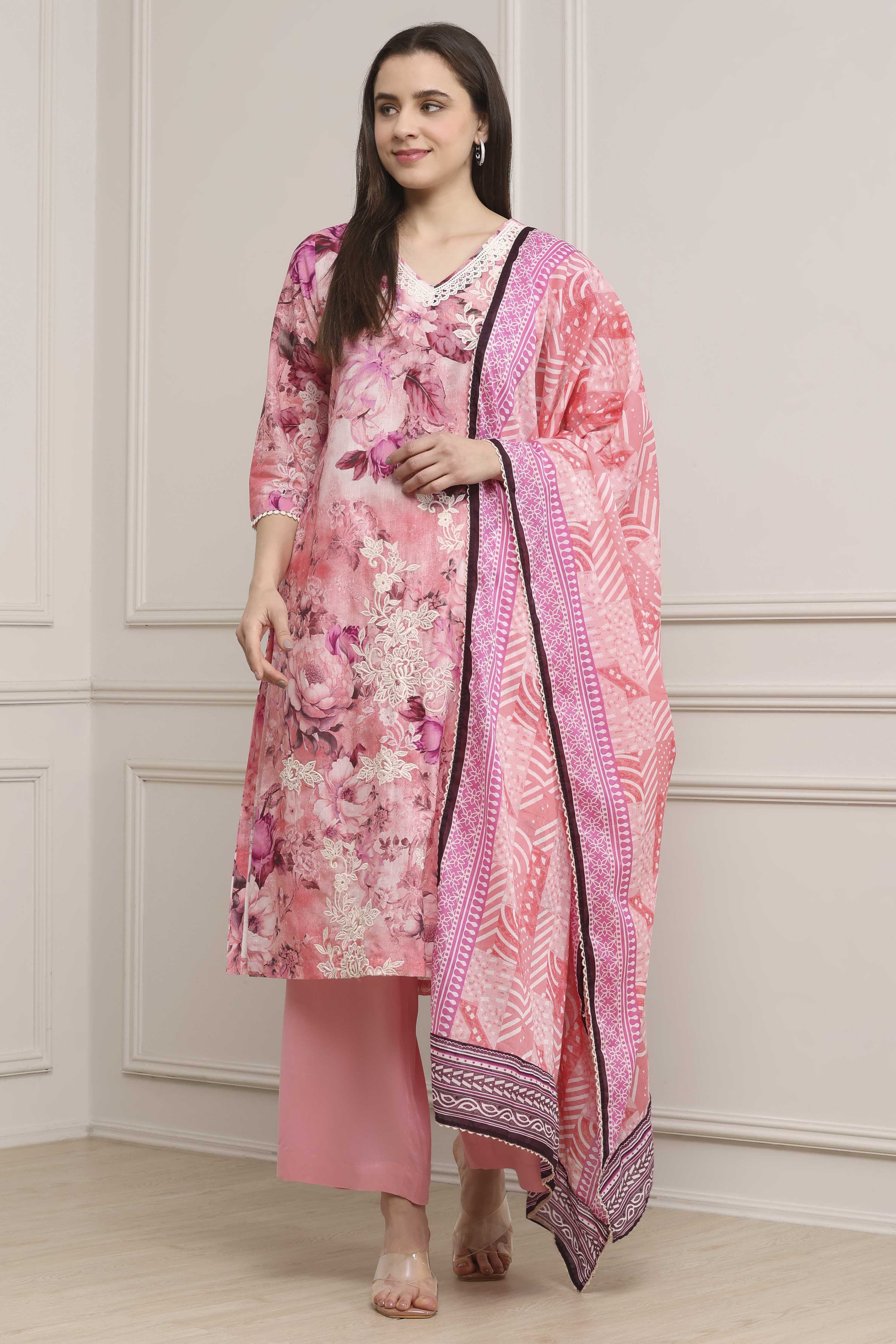 Beige Cotton Straight Suit Set image number 0