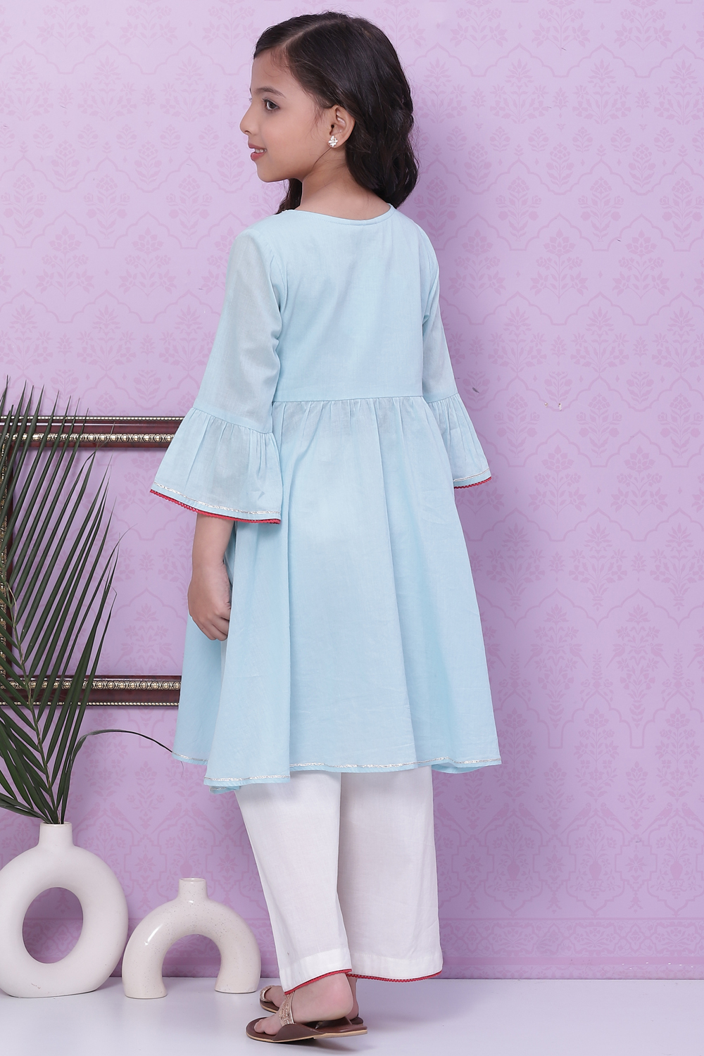 Sky Blue Cotton Flared Embroidered Kurta Set image number 4