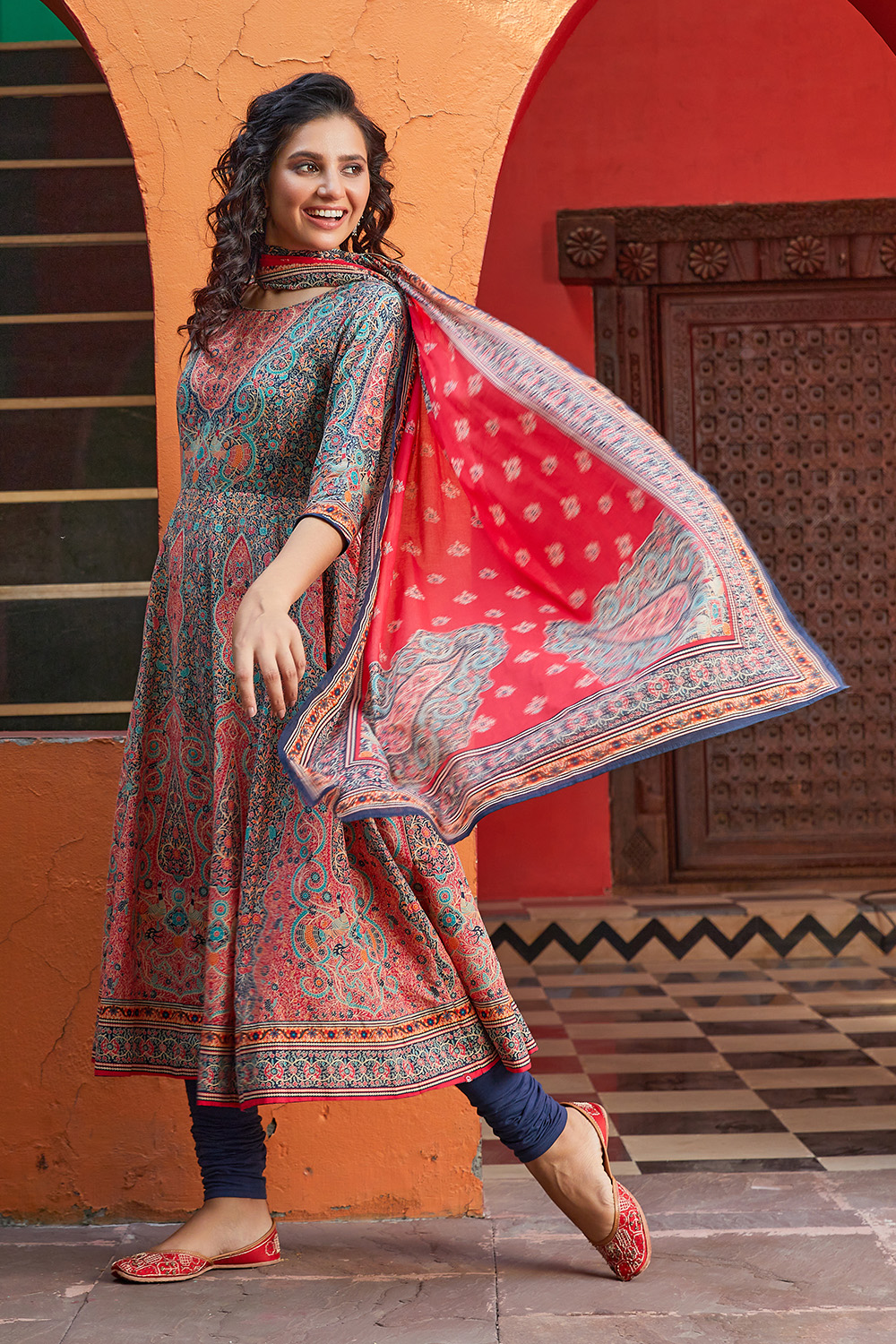 Blue Cotton Anarkali Kurta Churidar Suit Set Biba India