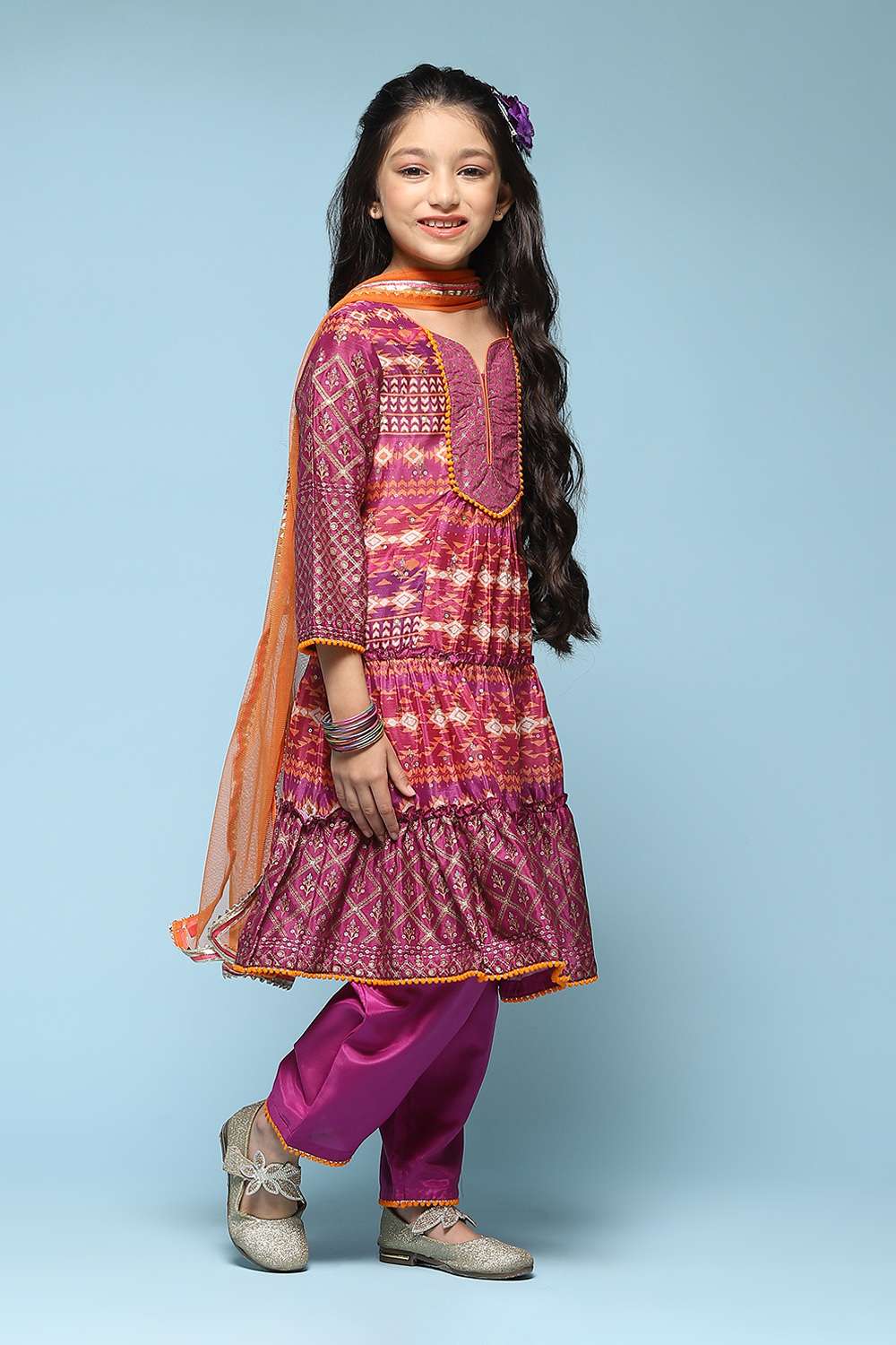 Pink & Purple Polyester Tiered Kurta Printed Suit Set image number 6